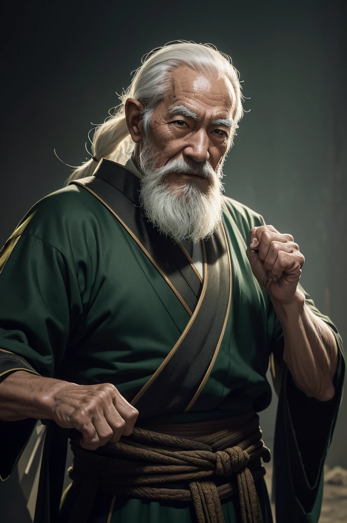 8k,Wearing a green and black Japanese kimono、An elderly man with a muscular slim body and white beard, style sacristy water, tie long white hair back,close-up character portrait,  low length,muscular slim body,Stanley Artgerm Rau, wearing old samurai clothes, masterpiece,Photorealistic RAW photos of the highest quality。bright colors,rich colors, Backlight, cinematic lighting, film grain, to be born, 50mm lens, Nikon D850,detailed character art,fantasy art,ultra high resolution,super realistic skin,perfect hand shape,wasteland,smile,very old man(80 years old),fighting pose,action pose,dynamic pose,wrestle,take a stand,