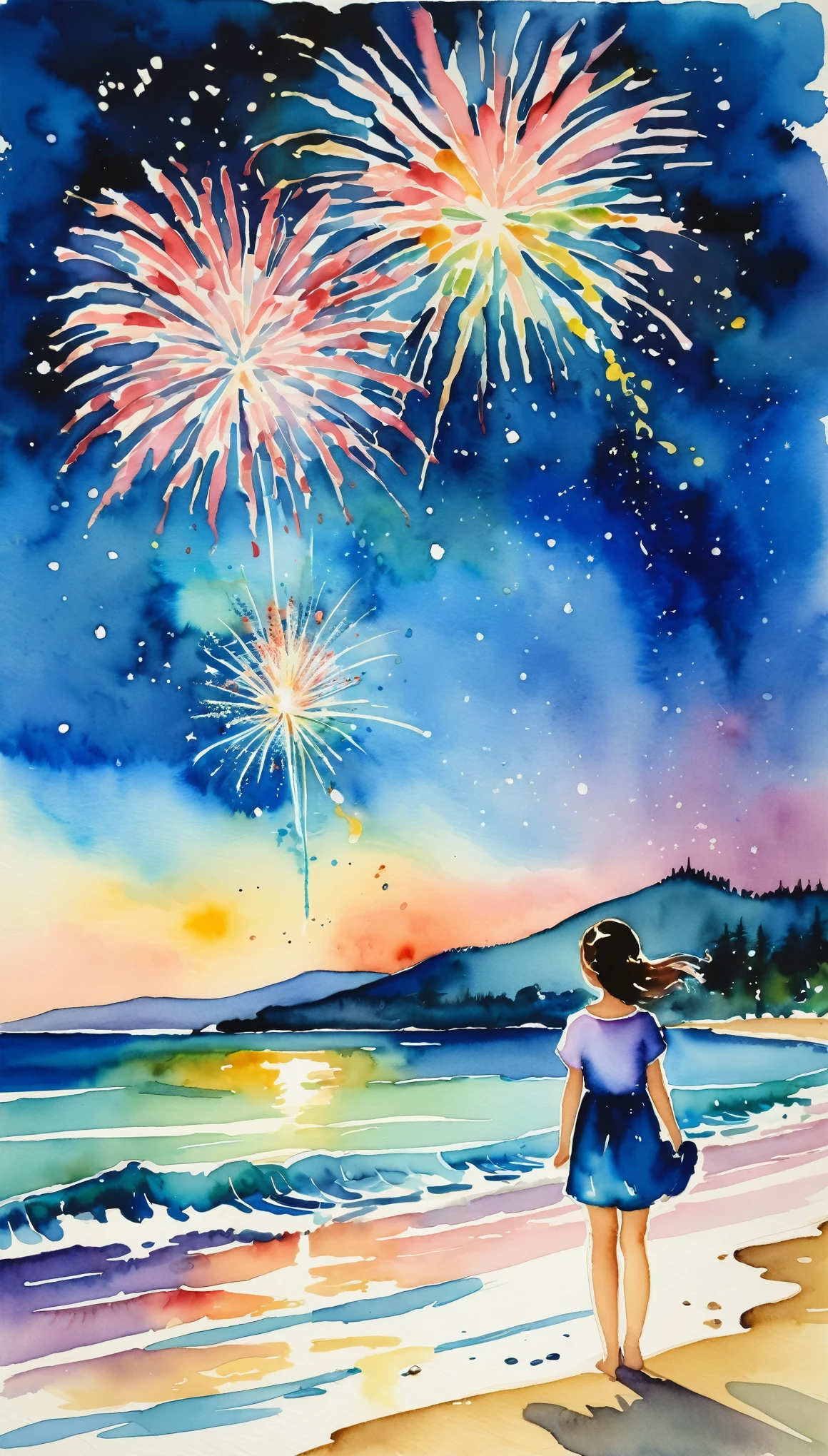 masterpiece,Magnificent landscape painting,美しい花火のWatercolor,Summer in Japan,Night Sky,Sandy Beach,A girl is happy watching fireworks,(Watercolor splashes、ooze、Blur、blotting、Effective use of the fading technique),(beauty),(Ephemerality),(Watercolor)