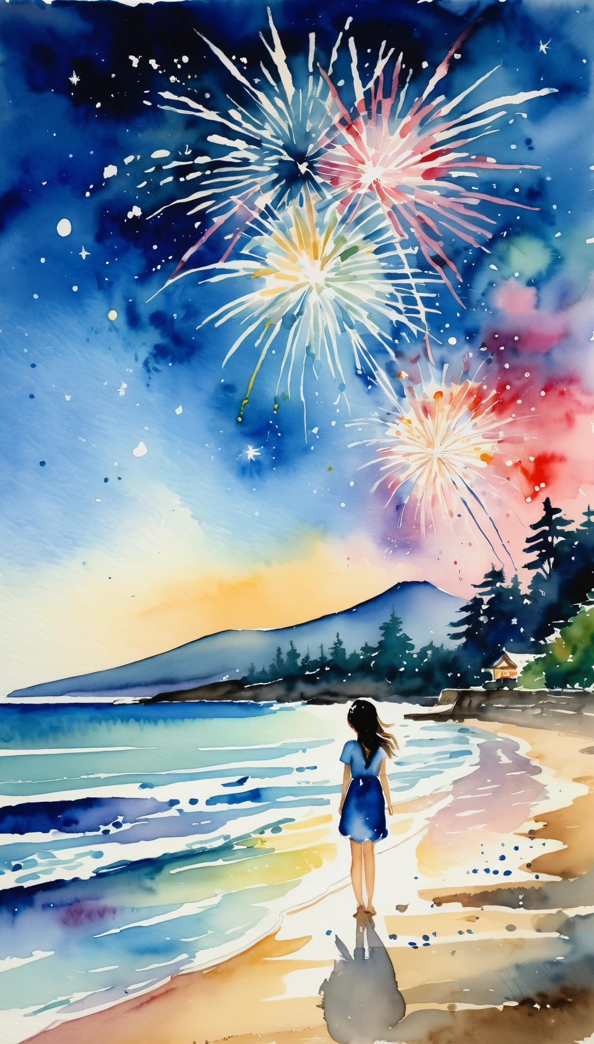 masterpiece,Magnificent landscape painting,美しい花火のWatercolor,Summer in Japan,Night Sky,Sandy Beach,A girl is happy watching fireworks,(Watercolor splashes、ooze、Blur、blotting、Effective use of the fading technique),(beauty),(Ephemerality),(Watercolor)