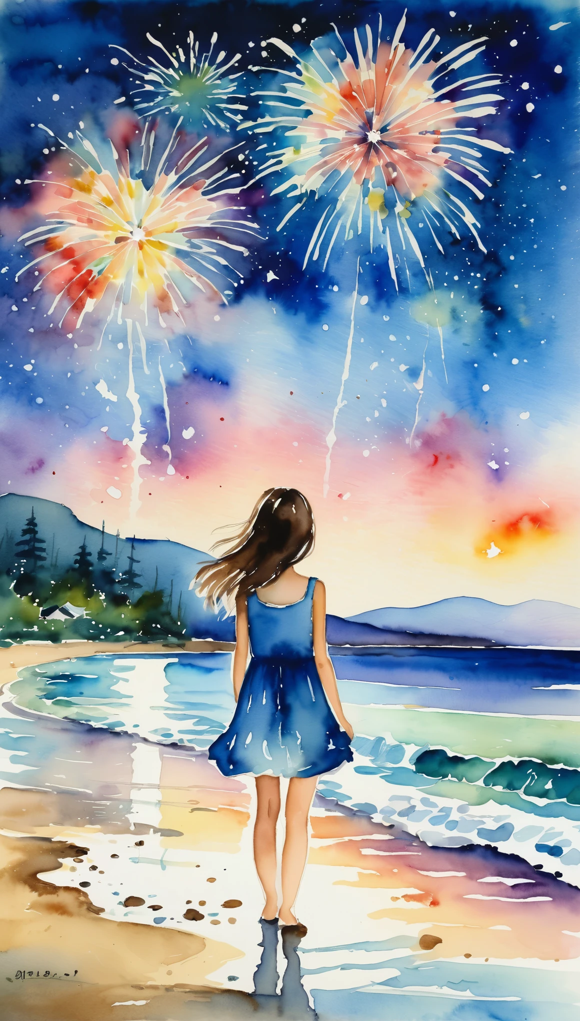 masterpiece,Magnificent landscape painting,美しい花火のWatercolor,Summer in Japan,Night Sky,Sandy Beach,A girl is happy watching fireworks,(Watercolor splashes、ooze、Blur、blotting、Effective use of the fading technique),(beauty),(Ephemerality),(Watercolor)