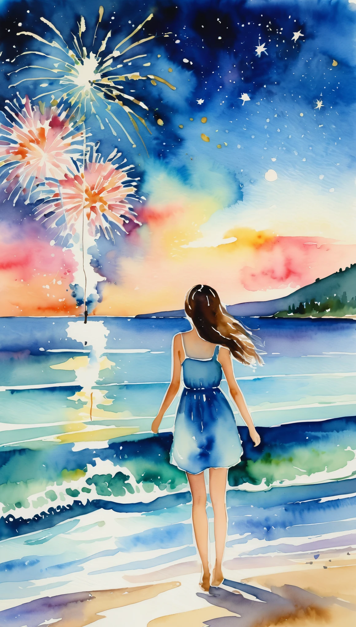 masterpiece,Magnificent landscape painting,美しい花火のWatercolor,Summer in Japan,Night Sky,Sandy Beach,A girl is happy watching fireworks,(Watercolor splashes、ooze、Blur、blotting、Effective use of the fading technique),(beauty),(Ephemerality),(Watercolor)