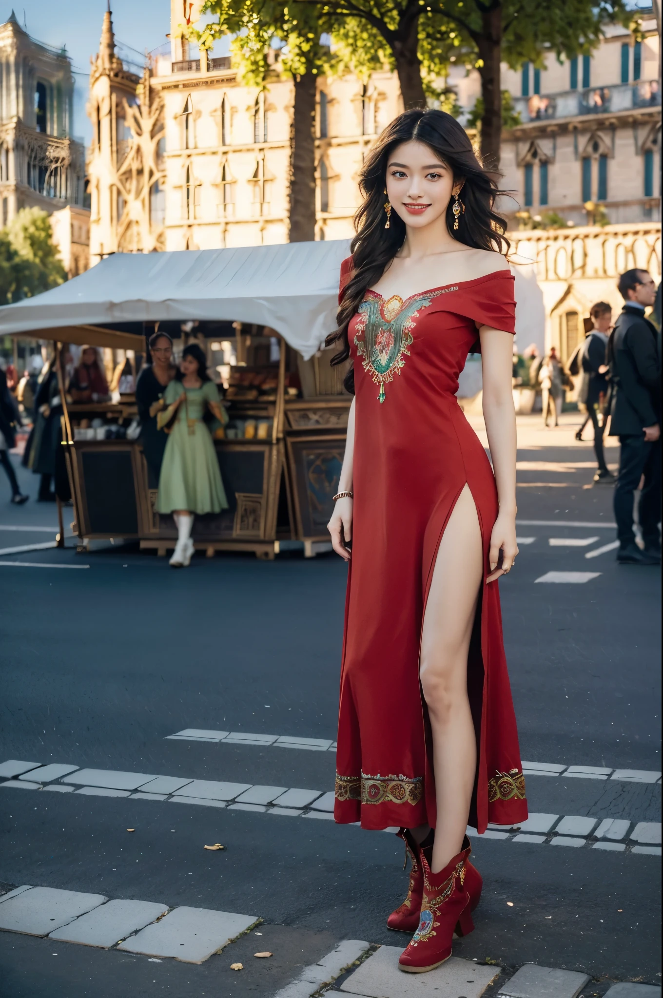 (((best quality))),(((ultra detailed))),(((masterpiece))),illustration,((1 beautiful girl,female Gypsy dancer,solo)),(shoulder length wavy bob hair:1.2),(laughing:1.3),((slim,thin)),((small breasts,flat chest)),(detailed eyes:1.3),(Bohemian style embroidered red dress:1.5),(short sleeves:1.2),((earrings)),mystery,charm,(standing:1.3),(arms behind back:1.3),(slender legs:1.2),(boots:1.3),(On the square outside Notre Dame Cathedral in Paris:1.5),(ancient Paris:1.2),traditional attire,vendors,fruits,handcrafted objects,pastries,bakeries,spire,Gothic architecture,sunlight,ethereal glow,busy cityscape,out of place,free spirit,creativity,lost in thoughts,dreams,possibilities,bygone era,snapshot,essence,magic of summer,(day scene:1.3),(outdoor:1.3),(surrounded by crowded crowds:1.3),((from front,full body))
