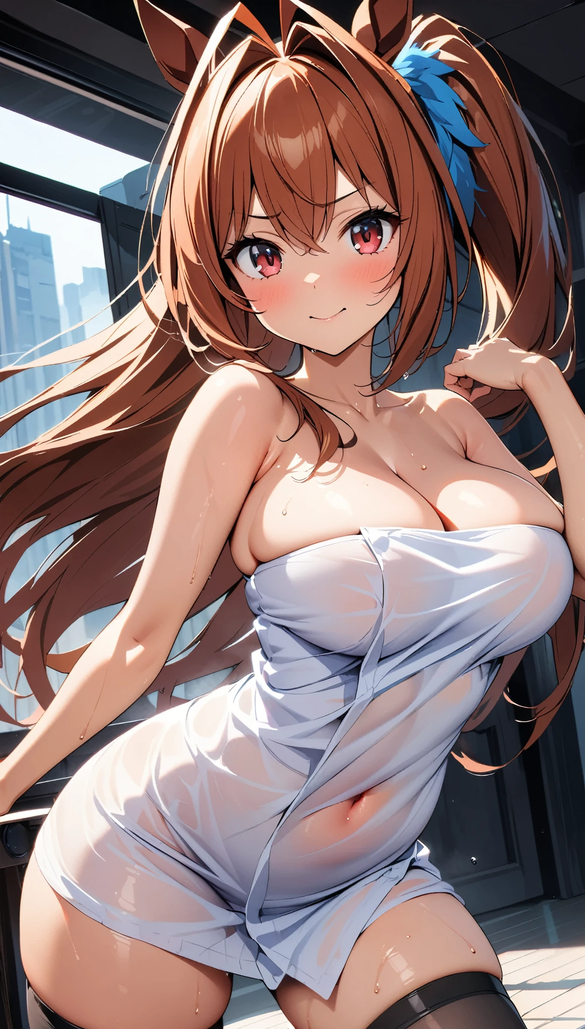 [[1girl, daiwa scarlet \(umamusume\), umamusume]], beautiful detailed eyes, red eyes, (tareme:1.5), curvy, Slender, large breasts, (black thigh highs), (cleavage) , (sexy pose), (bewitching pose), (crop top navel), (Naked Towel, (see-through Naked Towel, 粘着性のあるNaked Towel)), (close-up shot), dynamic angle, Highest quality, Super detailed, masterpiece, Ultra-high resolution, 8k