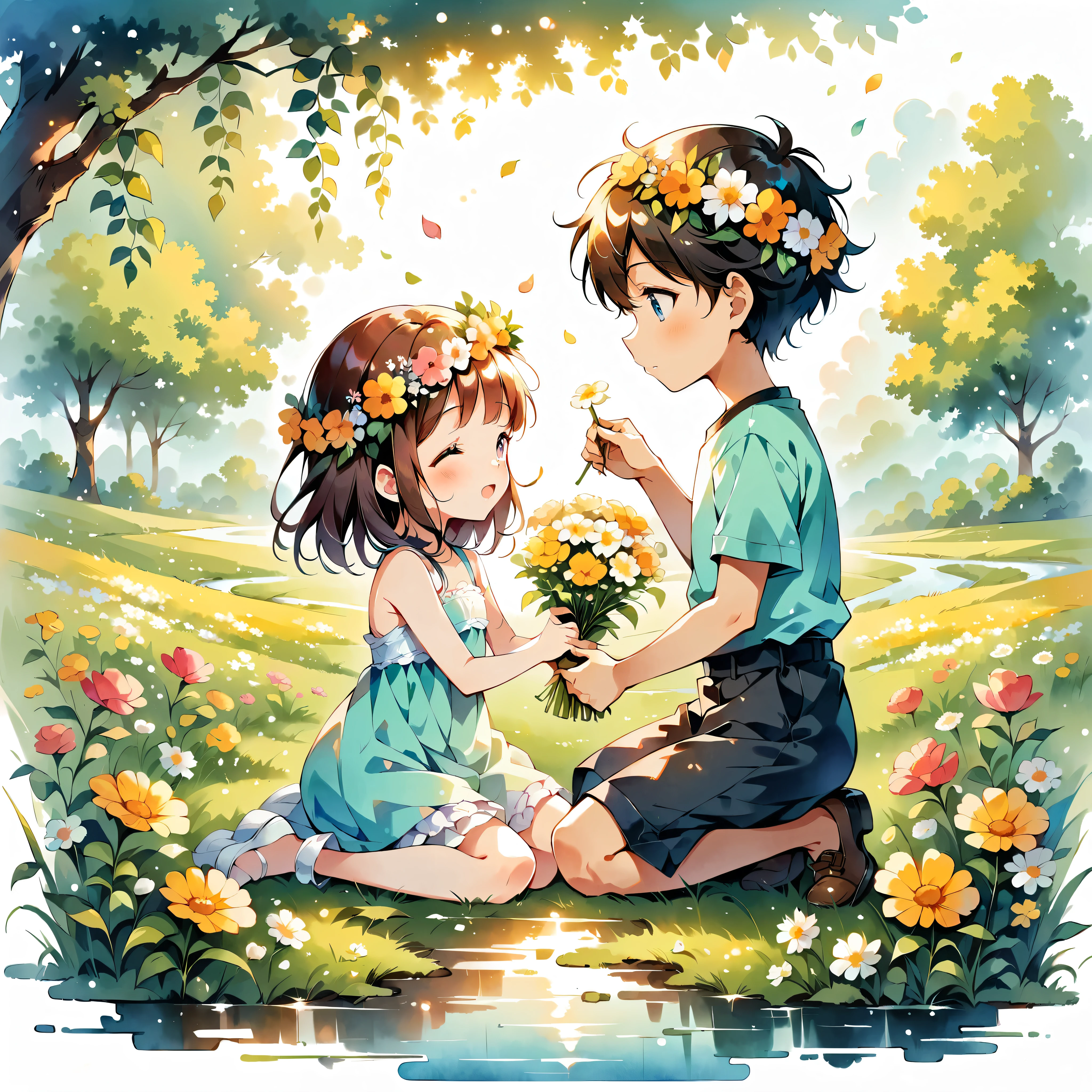 (Anime Style:1.2, masterpiece:1.2),((A heartwarming scene of a boy giving a flower crown to a girl, Awarding of flower crowns)),(((Little, Full body image))), Girl wearing a flower crown, watercolor, Simple illustration, Flower Storm, Colorful water bubbles, 