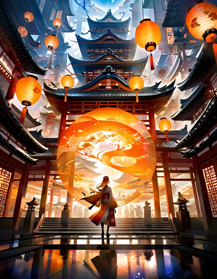 beautiful design of Japanese city calligraphy watercolor art, professional photography, light orange and light blue ratio, natural lighting, volumetric lighting maximalist photo illustration: 64k resolution concept art intricately detailed, complex, elegant, expansive, fantastical, huge, epic, majestic art by Lisa frank and Karol Bak and Kirsty Mitchell. surreal, ethereal, dreamy, mysterious, fantasy, highly detailed, perfect composition