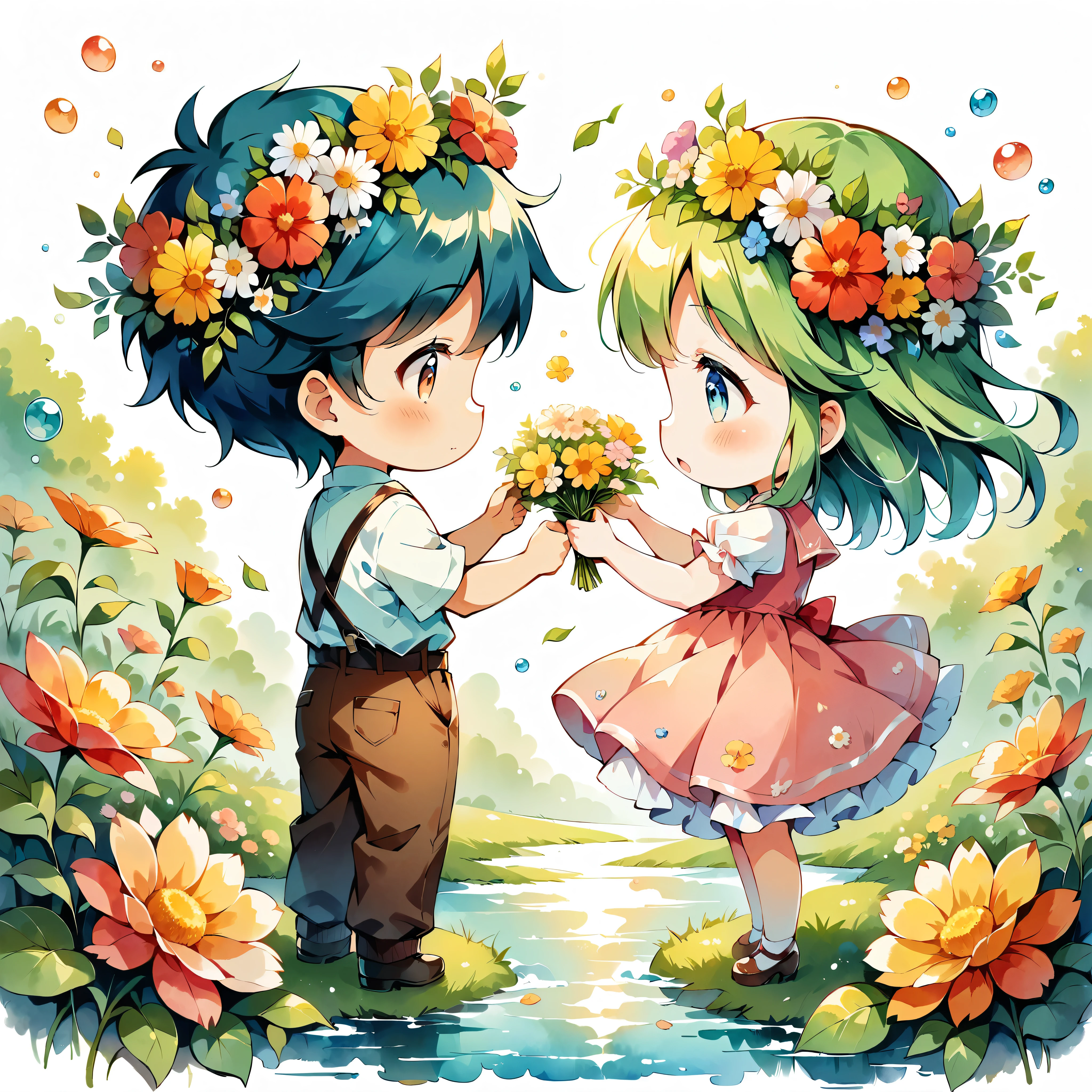(Anime Style:1.2, masterpiece:1.2),A heartwarming scene of a boy giving a flower crown to a girl, Awarding of flower crowns,((Little, Full body image)), Girl wearing a flower crown, watercolor, Simple illustration, Flower Storm, Colorful water bubbles,