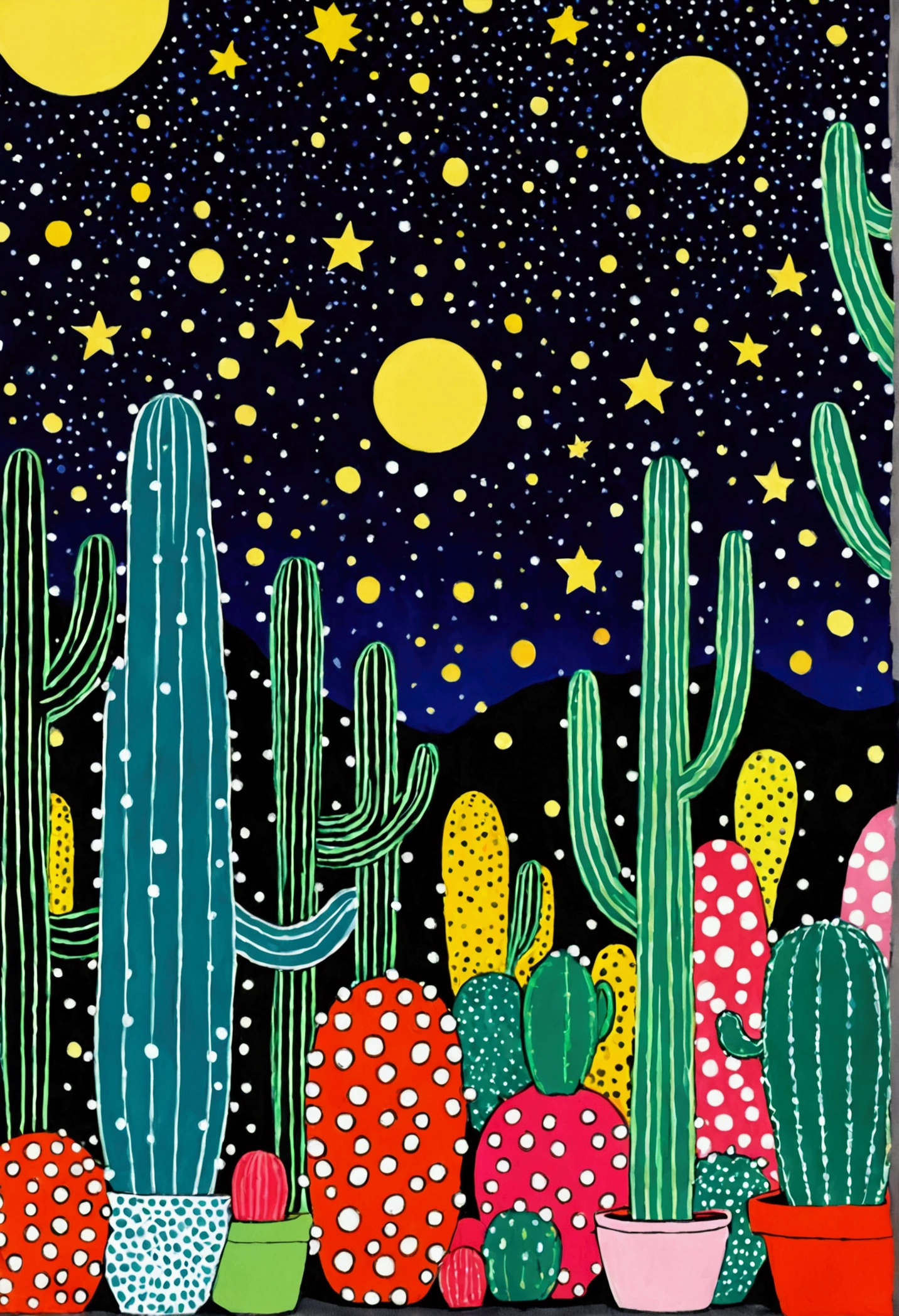 Blue starry sky、Neon，cactus，firefly，Dreamy colors，Illustration style（Artists can refer to Yayoi Kusama）