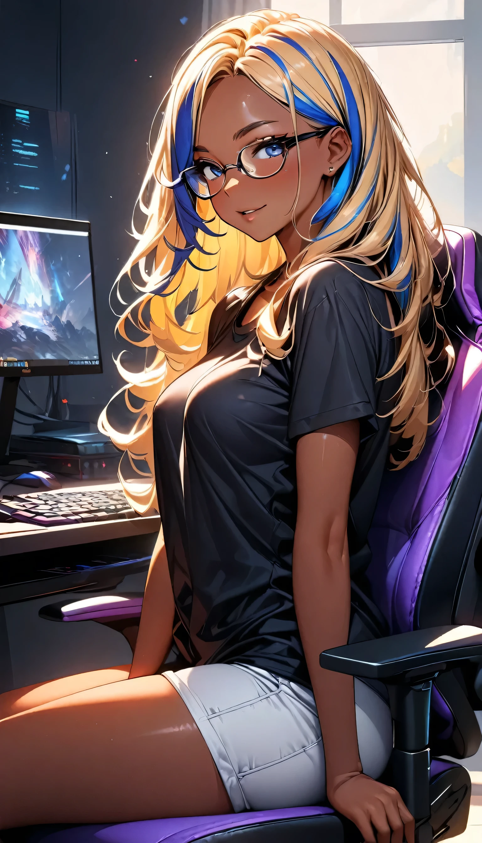 (highest quality:1.2, Very detailed, up to date, Vibrant, Ultra-high resolution, High Contrast, masterpiece:1.2, highest quality, Best aesthetics), Portraiture、girl、slim, Bright colors、Beautiful fine details、Beautiful lip detail、long hair, ((wavy hair:0.4))、messy hair, blonde and blue ((streaked hair:1.3)), highlights hair: 1.3, (medium breast:1), (tan skin:1.3), black t-shirt, pants, game programer, programming on the desk PC., sitting gaming chair, glasses, side shot, (cowboy shot:1.2), (look at viewer)