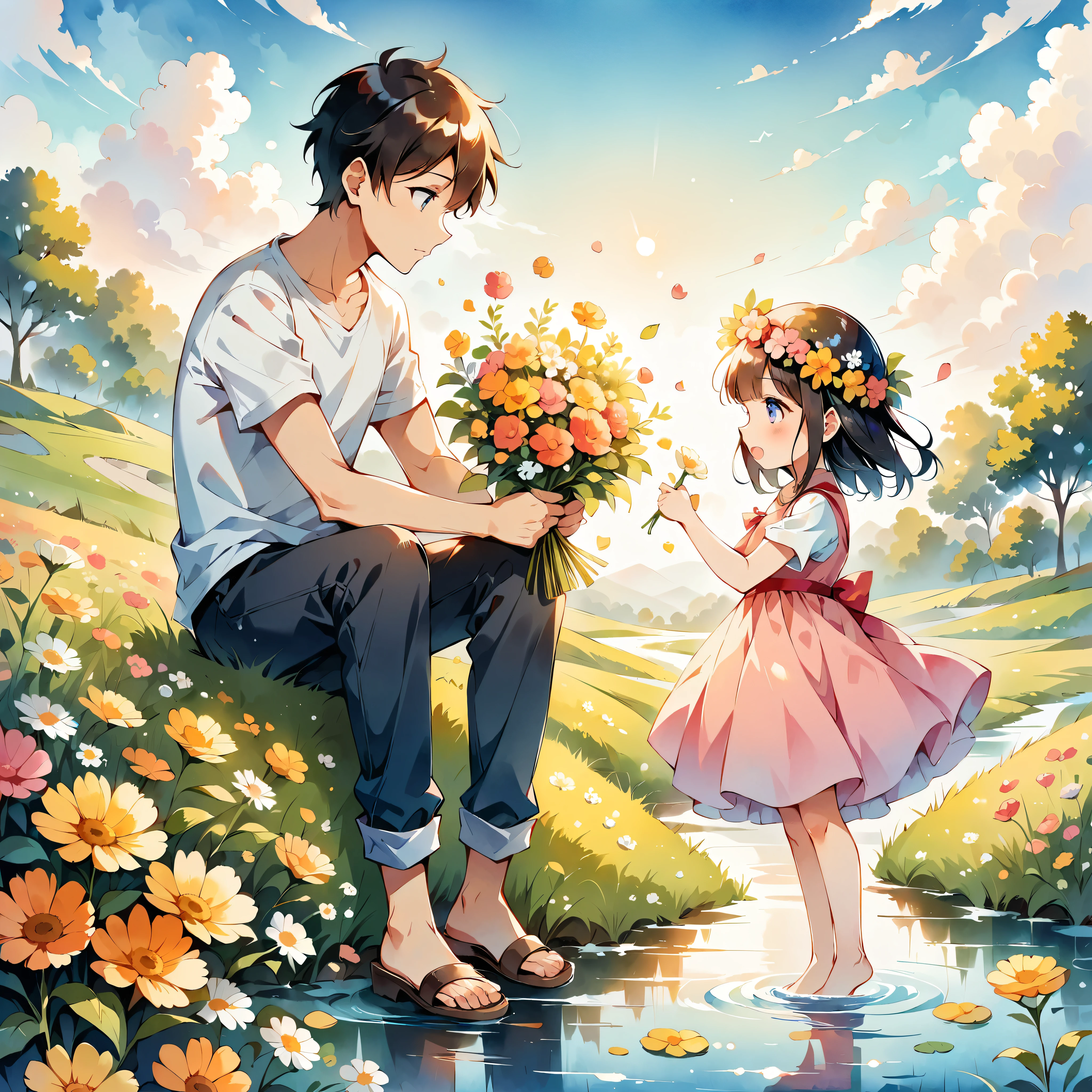 (Anime Style:1.2, masterpiece:1.2),A heartwarming scene of a boy giving a flower crown to a girl, Awarding of flower crowns,((Little, Full body image)), Girl wearing a flower crown, watercolor, Simple illustration, Flower Storm, Colorful water bubbles, 