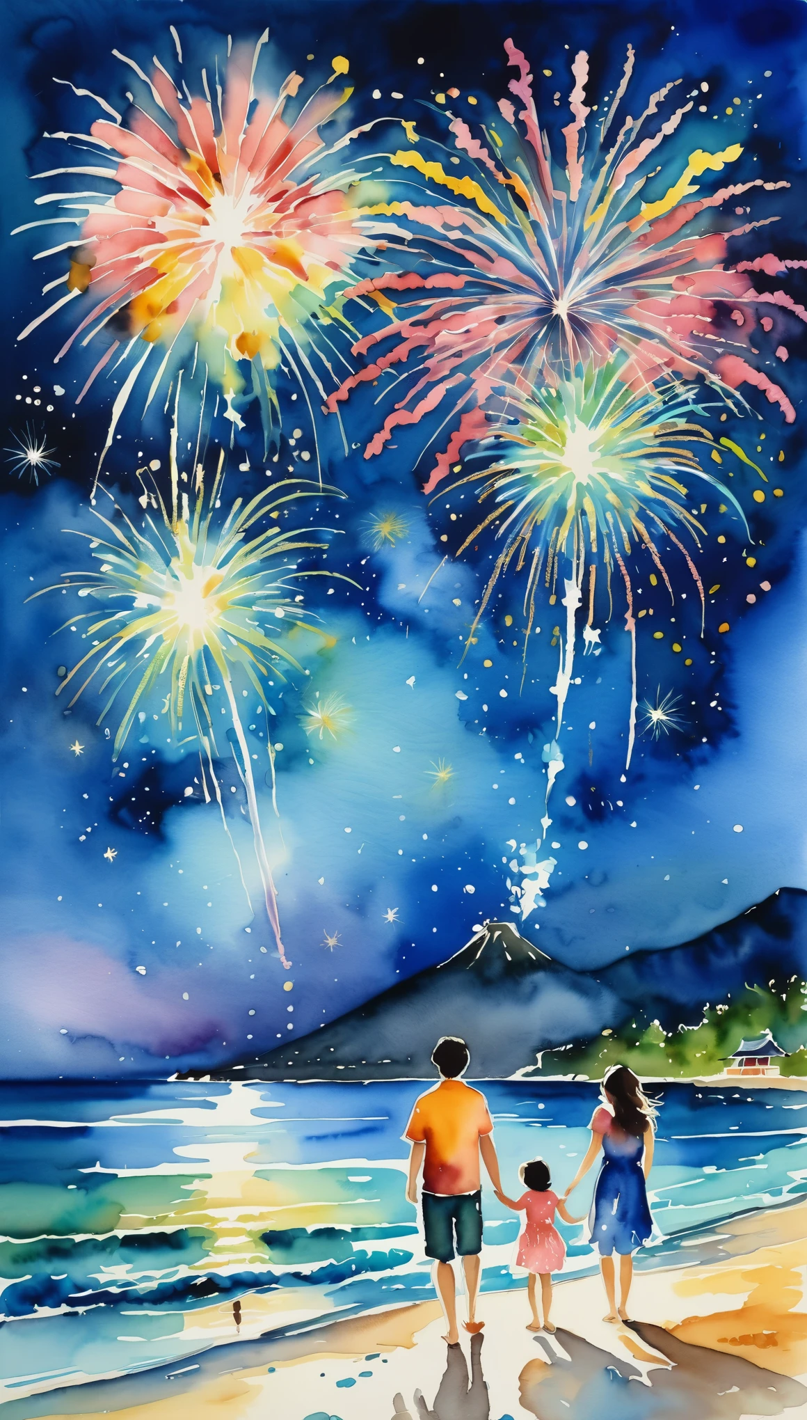 masterpiece,Magnificent landscape painting,Beautiful fireworks watercolor,Summer in Japan,Night Sky,Sandy Beach,Family enjoying watching fireworks,(Watercolor splashes、ooze、Blur、blotting、Effective use of the fading technique),(beauty),(Ephemerality),(dynamic)