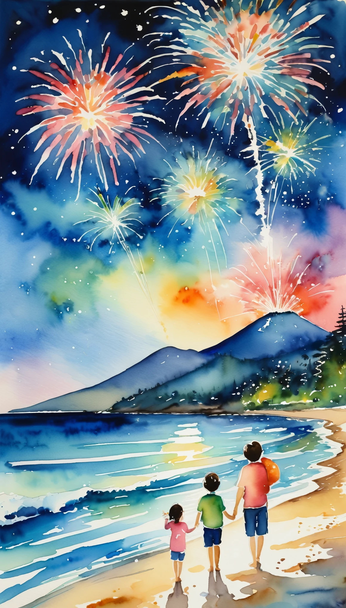 masterpiece,Magnificent landscape painting,Beautiful fireworks watercolor,Summer in Japan,Night Sky,Sandy Beach,Family enjoying watching fireworks,(Watercolor splashes、ooze、Blur、blotting、Effective use of the fading technique),(beauty),(Ephemerality),(dynamic)
