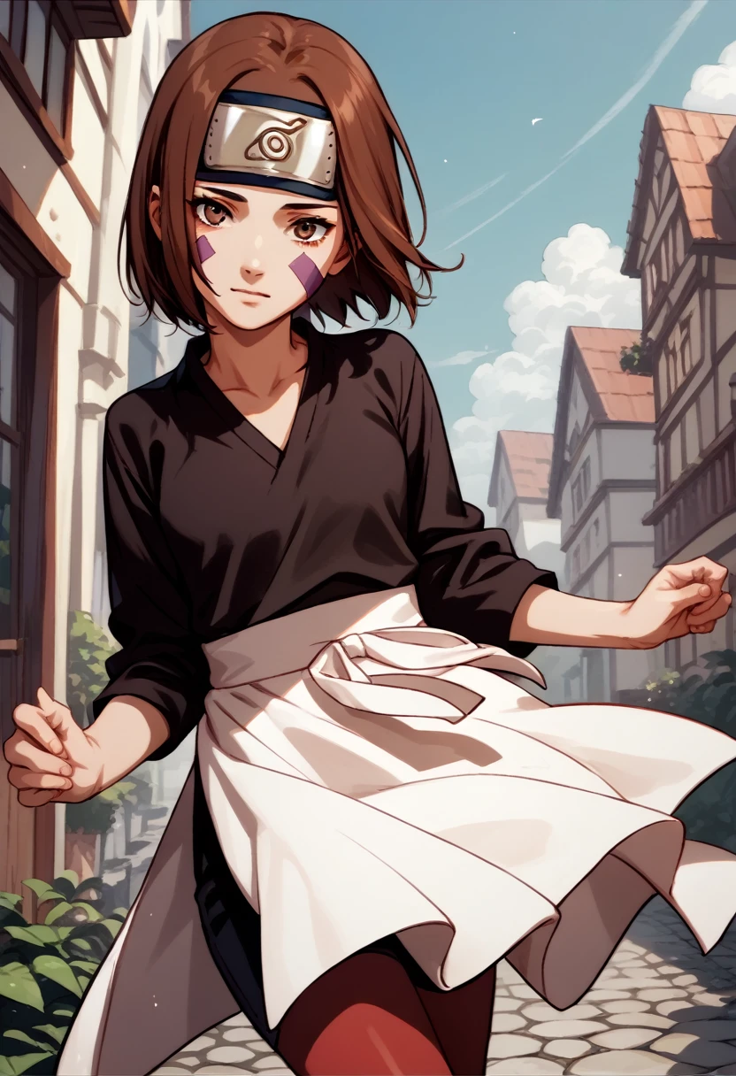 score_9, score_8_up, score_7_up, source_anime, 1girl, nohara rin, short hair, brown hair, brown eyes, purple facial mark, black shirt, long sleeves, white apron, black shorts, forehead protector, red thighhighs,