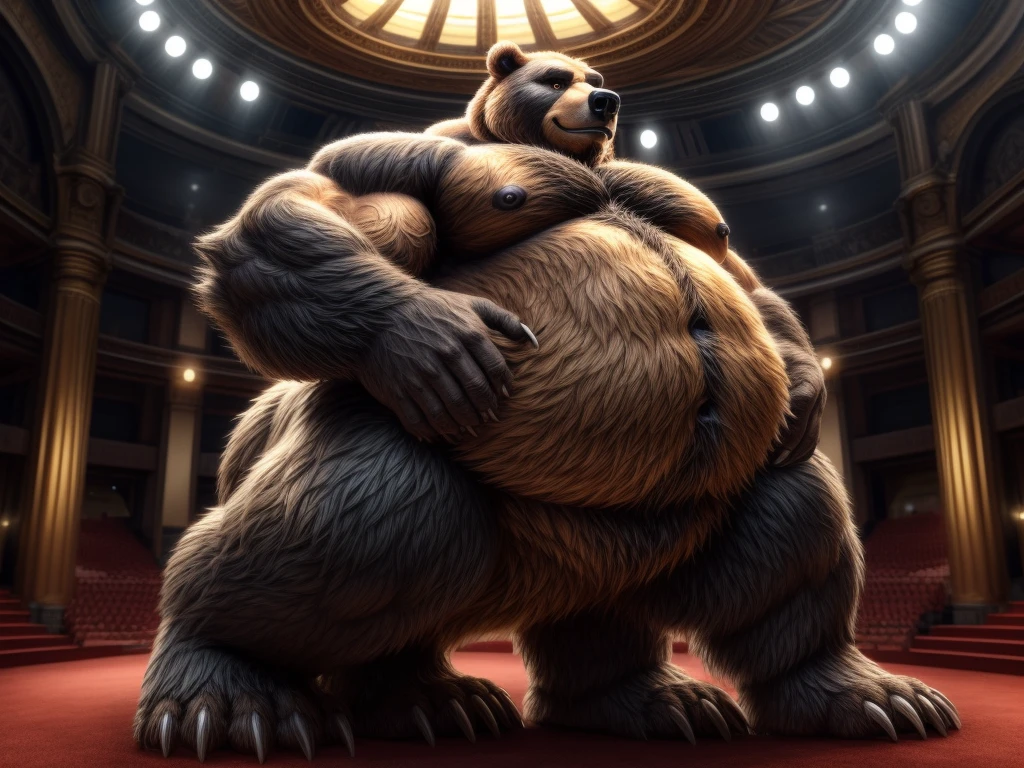 furry, fur taur, beartaur, human-like, anthro, middle-age, solo,1man, detailed face, bear ears, bear eyes(brown), bear nose(black), bear mouth, beard(grey), hair, mature hair(grey), detailed arm, thick arm, forearm hair, muscular, thick hands(5 fingers), thick claws, detailed body belly, thick body, muscle belly(white), thick chest, chest hair(white), nipples, detailed taur body, thick taur body, waist hair, thick bear paws, bear paws hair, thick bear claws, thick bear tail, full body shot, standing in the Olympia Venue