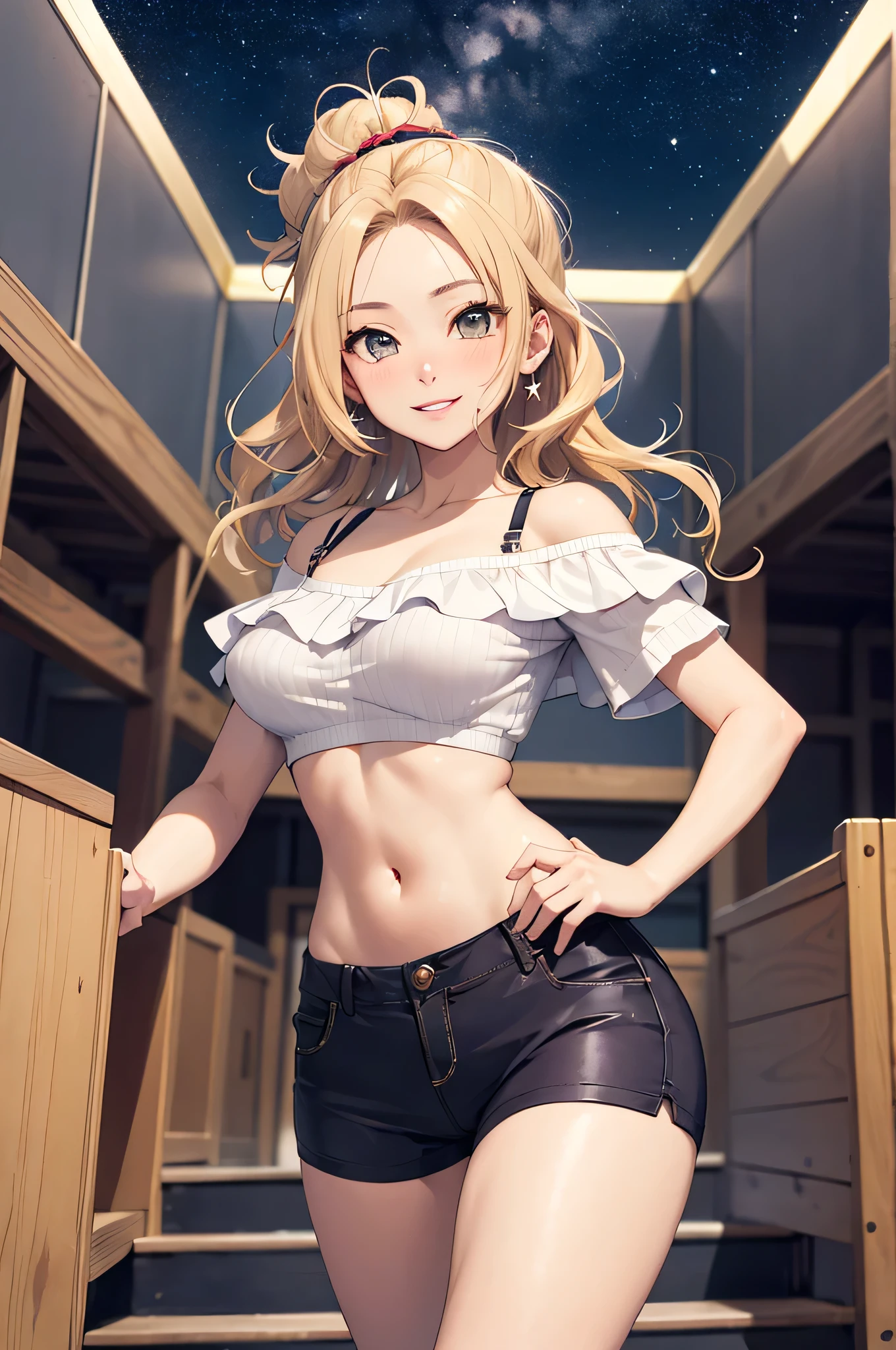 ((Highest quality)), ((masterpiece)), (detailed), One Girl, Off-the-shoulder shirt, Early summer around the sea、Midriff look、Short sleeve、Micro Shorts、Blonde、Long Hair、The entire forehead is visible, Vertical plane、Camel Toe、Nipples under clothes、Nipple Emphasis、Big smile、Cool Beauty、Yuuko Araki、Ayami Nakajo、Keiko Kitagawa、Oz、roller、Satomi Ishihara、Mei Nagano、Please roll up your shirt、Starry Sky、Cinema Lighting、From below、