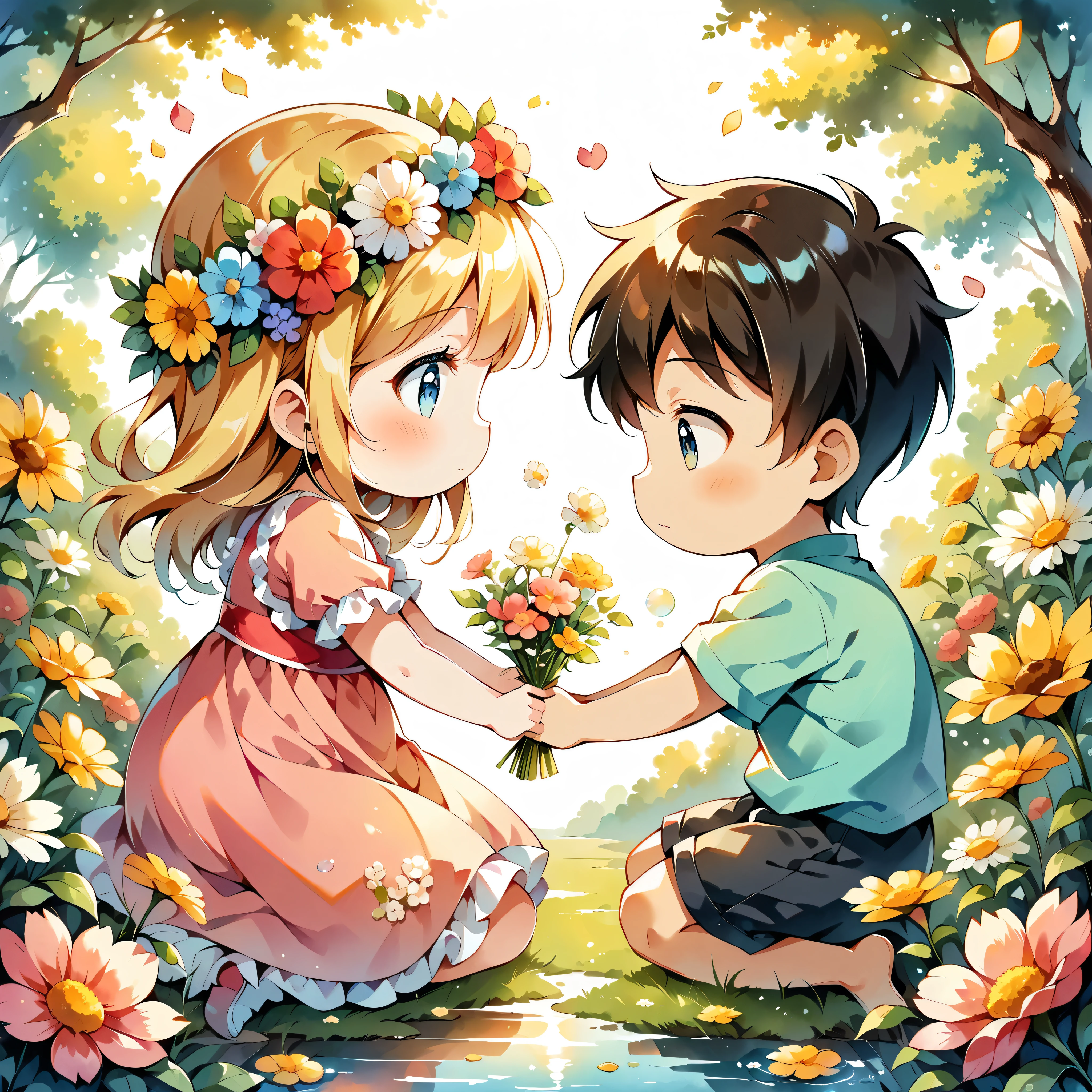 (Anime Style:1.2, masterpiece:1.2),A heartwarming scene of a boy giving a flower crown to a girl, Awarding of flower crowns,((Full body image)), Girl wearing a flower crown, watercolor, Simple illustration, Flower Storm, Colorful water bubbles,