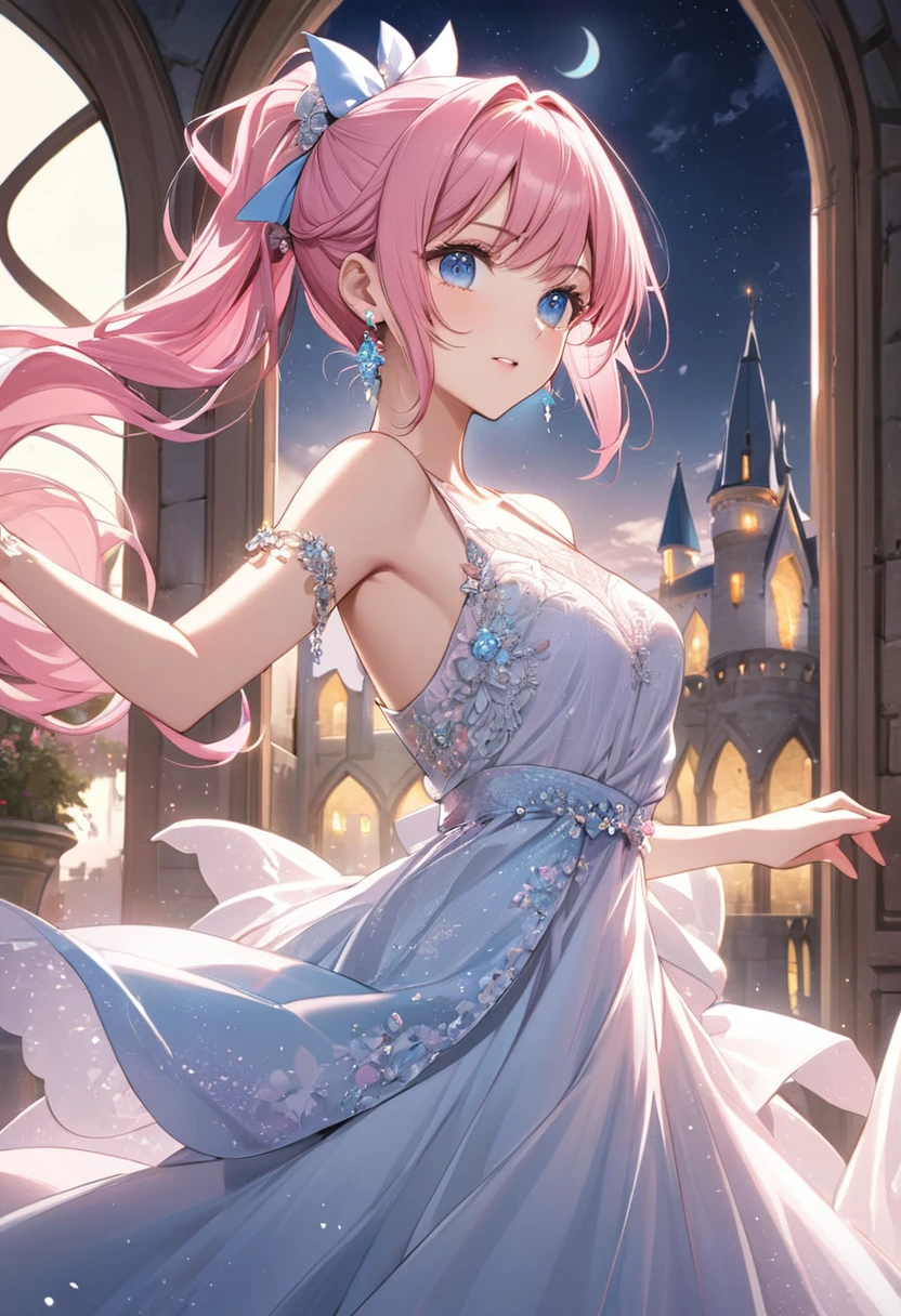 1 female　Pink hair ponytail　Pink eyebrows　Dull light blue eyes　Long dress　Dance　Moon hair accessory and earrings　Inside the castle