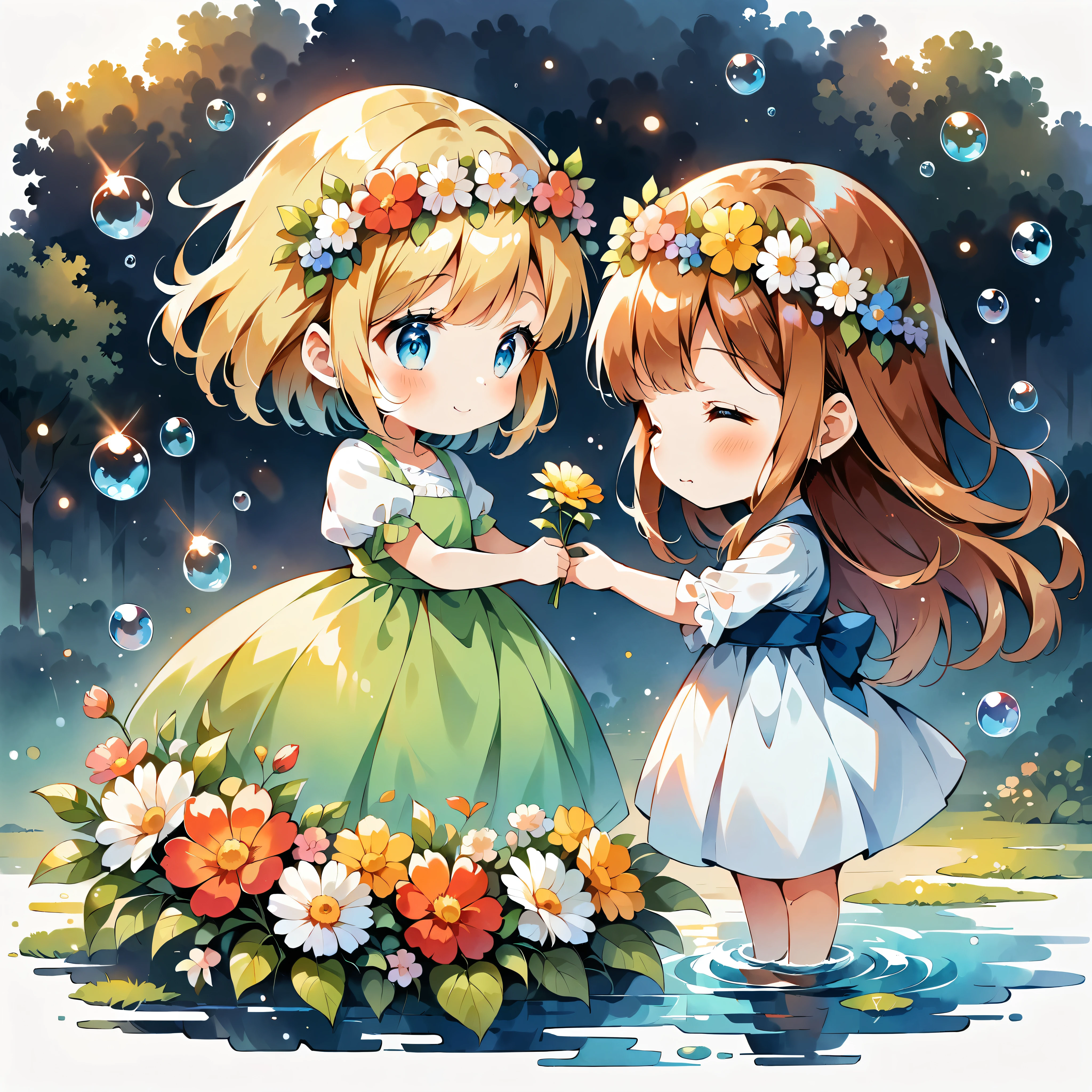 (Anime Style:1.2, masterpiece:1.2),A heartwarming scene of a boy giving a flower crown to a girl, Awarding of flower crowns,((Full body image)), Girl wearing a flower crown, watercolor, Simple illustration, Flower Storm, Colorful water bubbles,