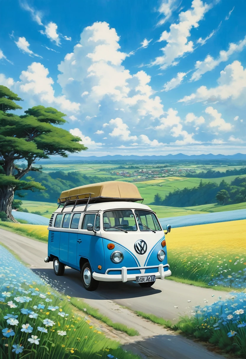 (((Highest quality)))), Realistic, Genuine, Beautiful and amazing landscape with Volkswagen Kombi driving on the road Oil painting Studio Ghibli Hayao Miyazaki Blue sky and white clouds meadow petals
