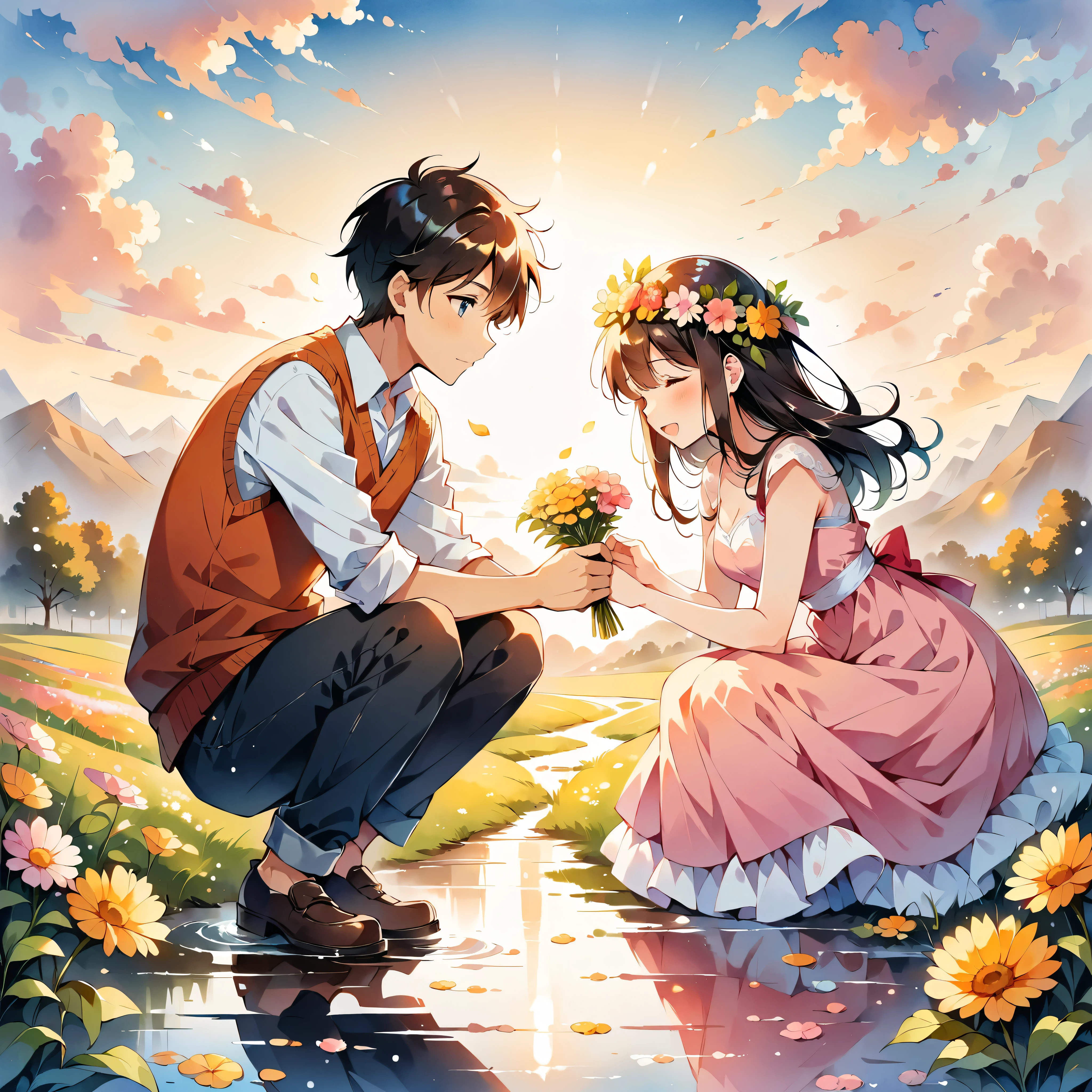 (Anime Style:1.2, masterpiece:1.2),A heartwarming scene of a boy giving a flower crown to a girl, Awarding of flower crowns,((Full body image)), Girl wearing a flower crown, watercolor, Simple illustration, Flower Storm, Colorful water bubbles, 