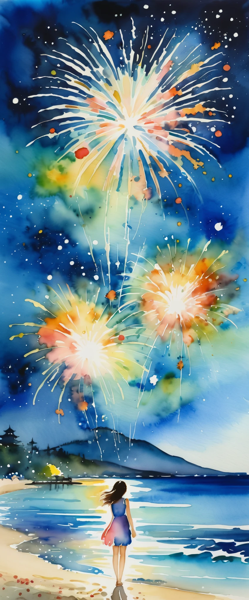 masterpiece,Magnificent landscape painting,Beautiful fireworks watercolor,Summer in Japan,Night Sky,Sandy Beach,A girl is happy watching fireworks,(Watercolor splashes、ooze、Blur、blotting、Effective use of the fading technique),(beauty),(Ephemerality),(dynamic)