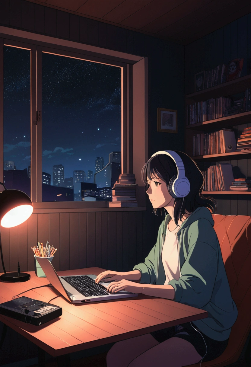 Girl listening to music in a cozy room at night, Using headphones, 2D style anime, Lo-fi, hard disk, Dark environment