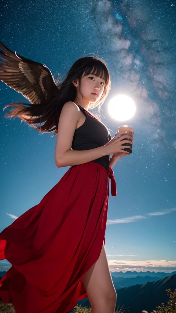 Mountain 、Flying in the night sky、Tengu of a girl in her twenties