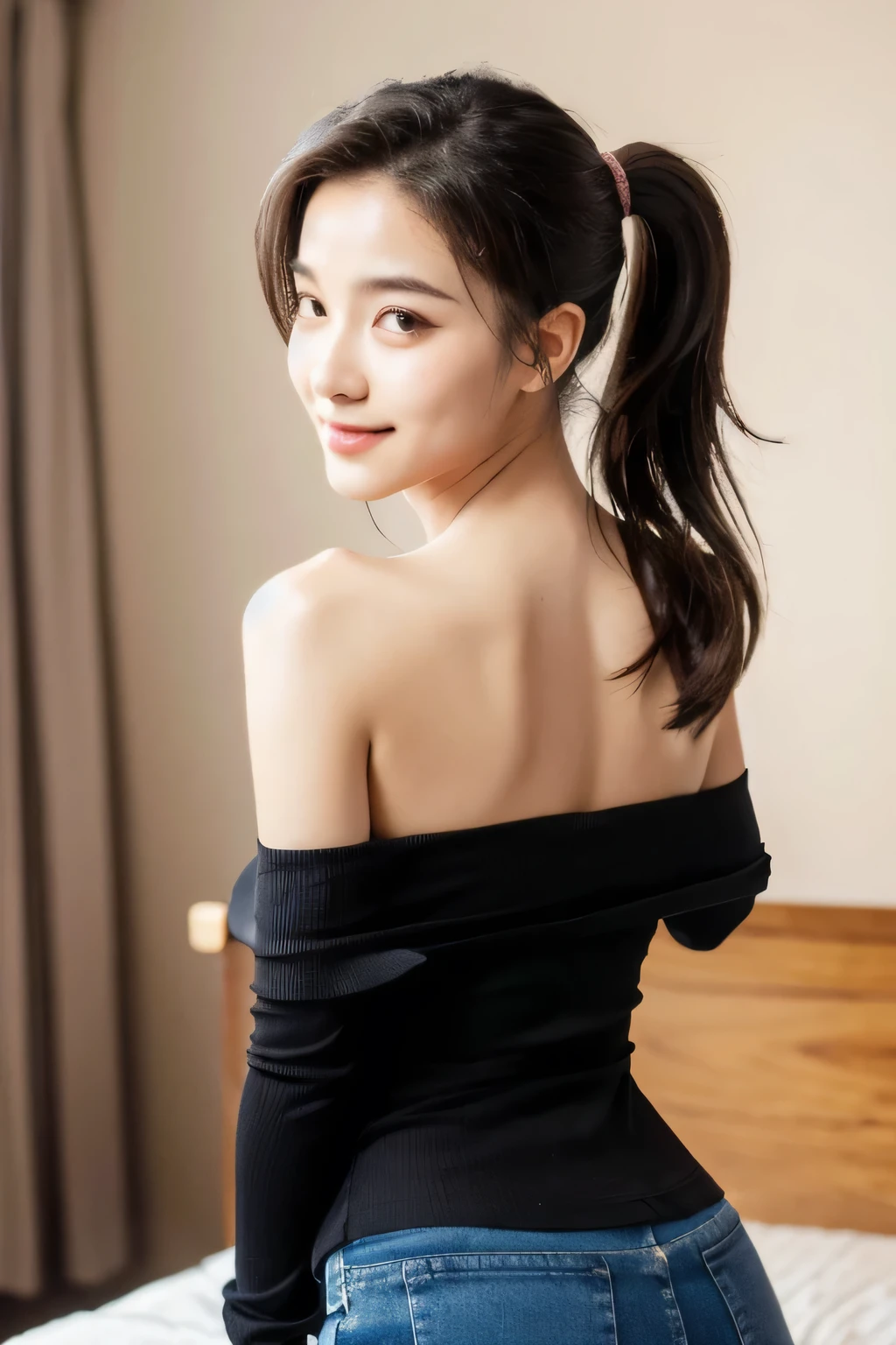 ((Highest quality, 8k, masterpiece: 1.3)), sharp: 1.2, Perfect Body Beauty: 1.6, ((Layered Hairstyles, Small breasts: 1.0)), bed, ((Small face)), (((ponytail))), ((necklace)), Earrings, ring, Bracelet, Hair Accessories, (You can see the cleavage well), ((No bra)), ((Beautiful young ager woman)), ((Straight nose)), (Eyeliner), Armpit Hair, Bristles, ((Beautiful Skin)), Feminine curvaceous figure, (((Legs closed))), Wavy Hair, Beautiful attention to detail, Super detailed, Highly detailed face and skin texture, fine grain, double eyelid, Black Hair, Big Ass, Lower Body, Thighs, (((Skinny))), Wet and shiny lips, smile, Blushing, Get a grip on your body, ((Anatomically correct human body)), ((Crisp body shape)), Ribs, clavicle, Protruding skeleton, Raised hair, A face without nasolabial folds, (((Off-the-shoulder clothing)))