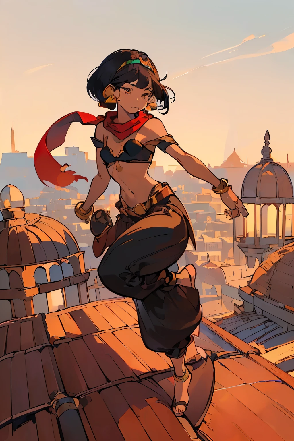 ((My Hero Academia Style)), (((Jasmine))), (((Aladdin))), (((Dark skin))), (((brown complexion))), ((((dark elf Female)))), (((((Long pointed ears))))), (((black eyes))), ((((Long Devil Tail)))), (((((Arabian Clothes))))), ((((((Black Tight O-ring Belt Bra Top)))))), ((((((Red Harem Torn Crotchless pants)))))), ((((((Black Caged Highcut O-ring G-string button)))))), ((((((Brown Pouch Caged hip belt)))))), ((((((Slave Iron Chained Choker)))))), ((((((single hip-hugging cutlass)))))), ((((((Single Hip-Hugging Dagger)))))), ((((((Red torn scarf over mouth)))))), (((((Hoop Earrings))))), ((((((Pixie Cut Hairstyle)))))), (((wide and toned hips))), (((wide and toned thighs))), (((Toned calves))), (((exposed abdomen))), (((bare abdomen))), (((((navel piercing))))), (((exposed navel))), (((Knees apart))), (((Legs apart))), ((((Slightly marked abs)))), (((((slightly marked muscles))))), (((medium breasts))), (((perfect anatomy))), (((perfect hands))), (((perfect face))), (((((high quality))))), (((((masterpiece))))), ((((full body photo:1.5)))), (((looking at viewer))), (((((arabian rooftop background))))),
