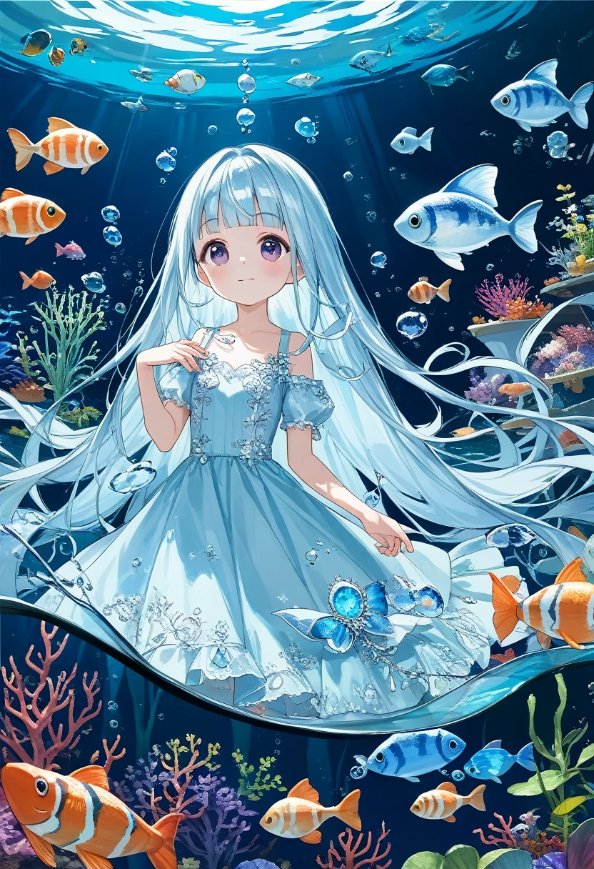 masterpiece, best quality, extremely detailed, (illustration, official art:1.1), 1 girl ,(((( light blue long hair)))), ,(((( light blue long hair)))),light blue hair, , long hair ((blush)) , cute face, big eyes, masterpiece, best quality,(((((a very delicate and beautiful girl))))),Amazing,beautiful detailed eyes,blunt bangs((((little delicate girl)))),(((tareme))),droopy eyes.(true beautiful:1.2), sense of depth,dynamic angle,,,, affectionate smile, (true beautiful:1.2),,(tiny 1girl model:1.2),)(flat chest),1 Girl, alone,Purple eyes, Long Hair, blunt bangs, bangs,(girl it look at See the one sharks ), aquarium, Glass tunnel, sea creature, school of fish, illumination, Blue light, Aquarium, reflection, adventure, excited, Light effects, mysterious 