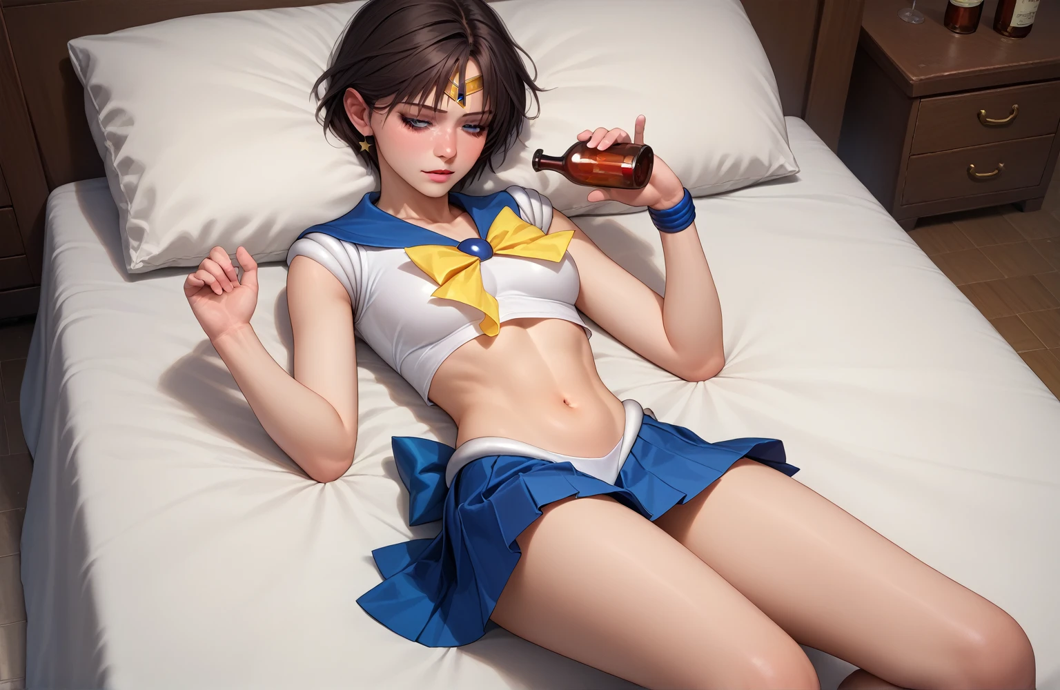 Sailor Mars,Beauty,Black short hair,Short sleeve,Navel exposed,Ultra mini skirt,Wearing a belt around the waist,boots,Watch on wrist,indoor,Drunk,Hiccups,Above the knee shot,Lying in bed,Ultra-high resolution,16K