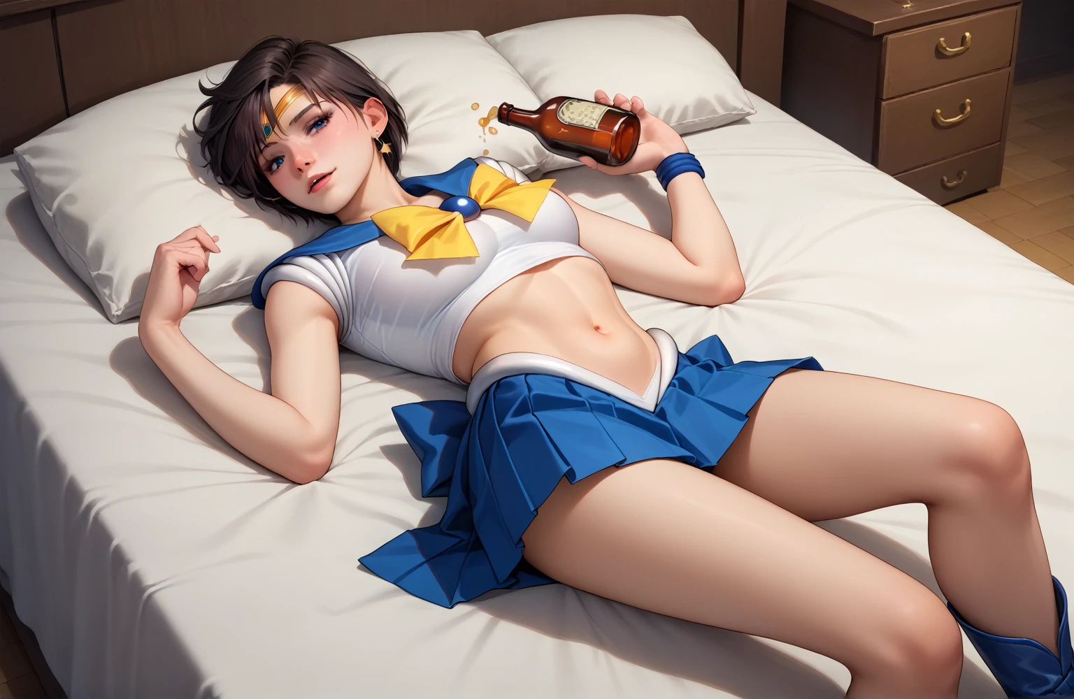 Sailor Mars,Beauty,Black short hair,Short sleeve,Navel exposed,Ultra mini skirt,Wearing a belt around the waist,boots,Watch on wrist,indoor,Drunk,Hiccups,Above the knee shot,Lying in bed,Ultra-high resolution,16K