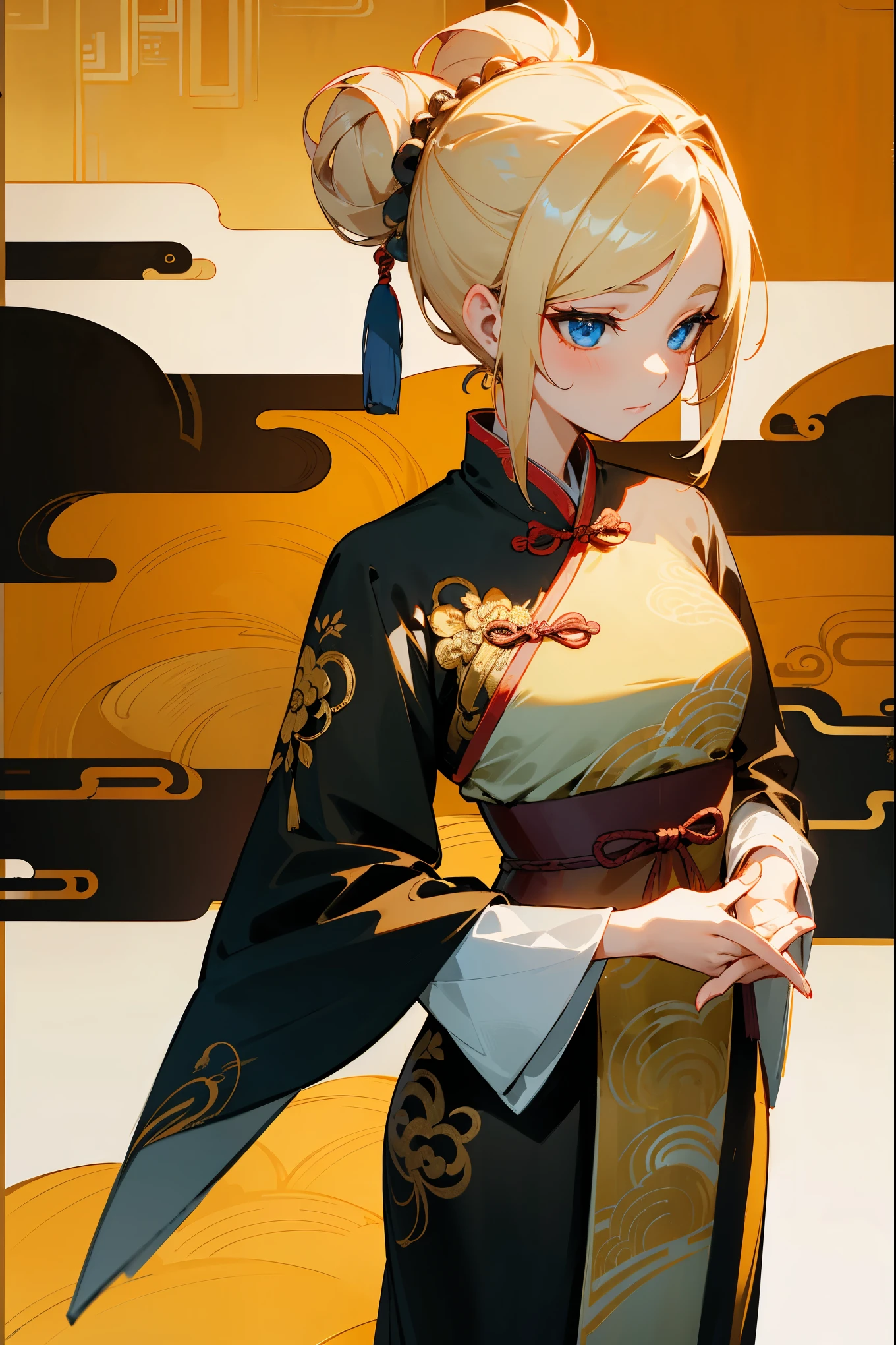 1female, blonde hair, messy updo, blue eyes, black and golden Chinese-designed attire, intricate embroidery, standing confidently, serene expression, traditional Chinese garden background, detailed face, hands to the side, standing on a path