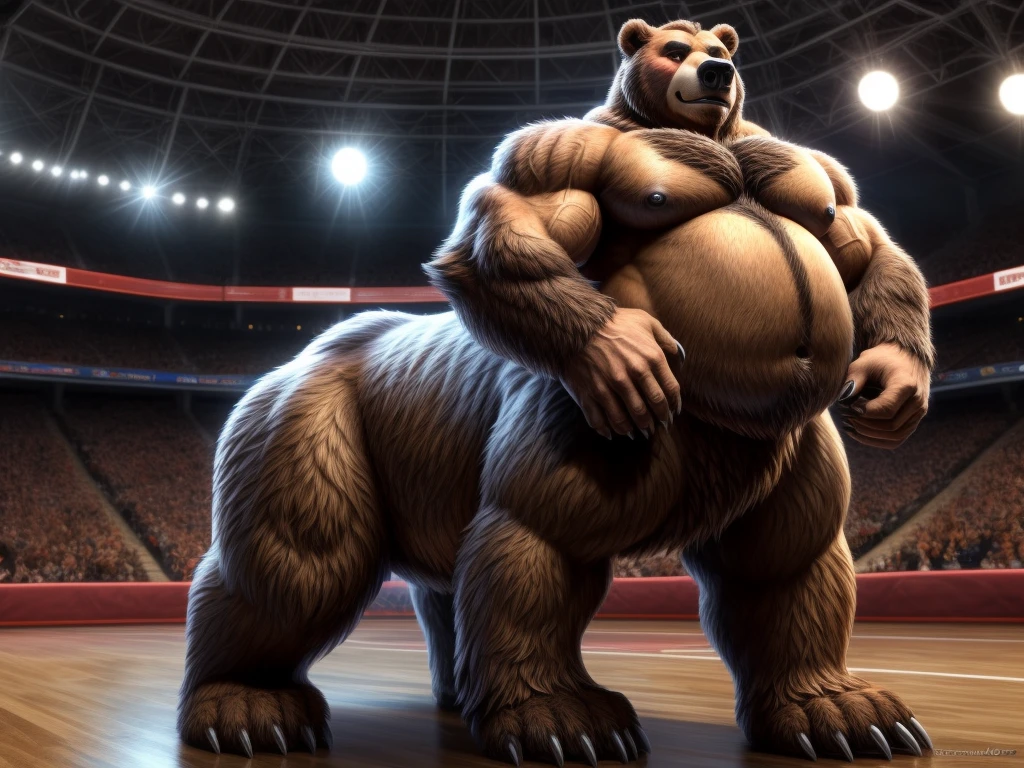 furry, fur taur, beartaur, human-like, anthro, middle-age, solo,1man, detailed face, bear ears, bear eyes(brown), bear nose(black), bear mouth, beard(grey), hair, mature hair(grey), detailed arm, thick arm, forearm hair, muscular, thick hands(5 fingers), thick claws, detailed body belly, thick body, muscle belly(white), thick chest, chest hair(white), nipples, detailed taur body, thick taur body, waist hair, thick bear paws, bear paws hair, thick bear claws, thick bear tail, full body shot, standing in the game Venue