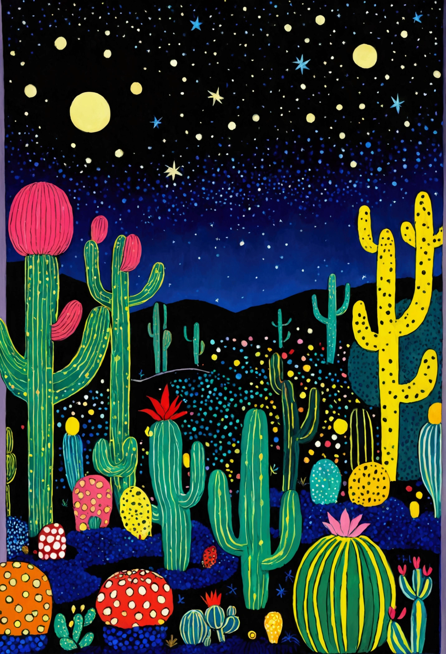 Blue starry sky、Neon，cactus，firefly、Eye、Dreamy colors，Illustration style（Artists can refer to Yayoi Kusama）