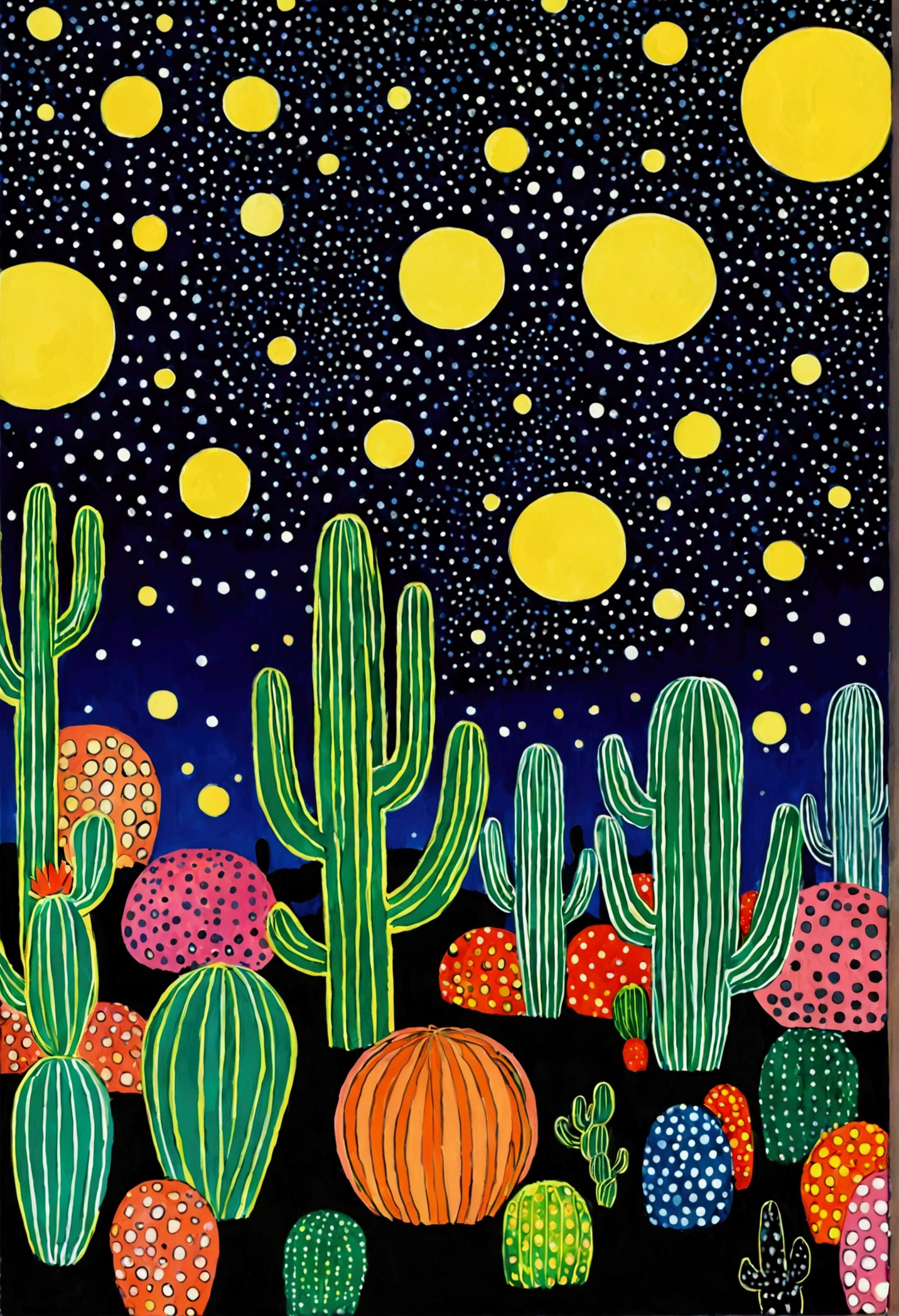 Blue starry sky、Neon，cactus，firefly、Eye、Dreamy colors，Illustration style（Artists can refer to Yayoi Kusama）