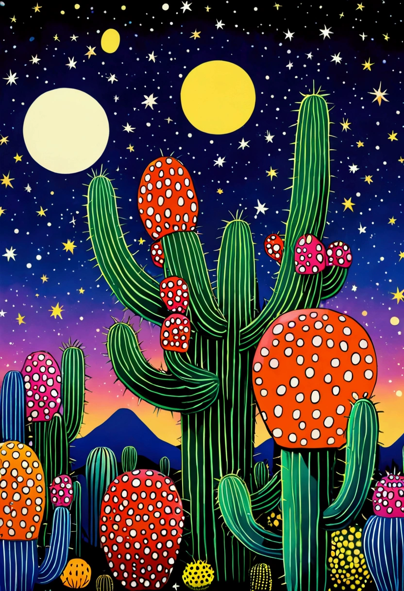 Blue starry sky、Neon，cactus，firefly，Dreamy colors，Illustration style（Artists can refer to Yayoi Kusama）