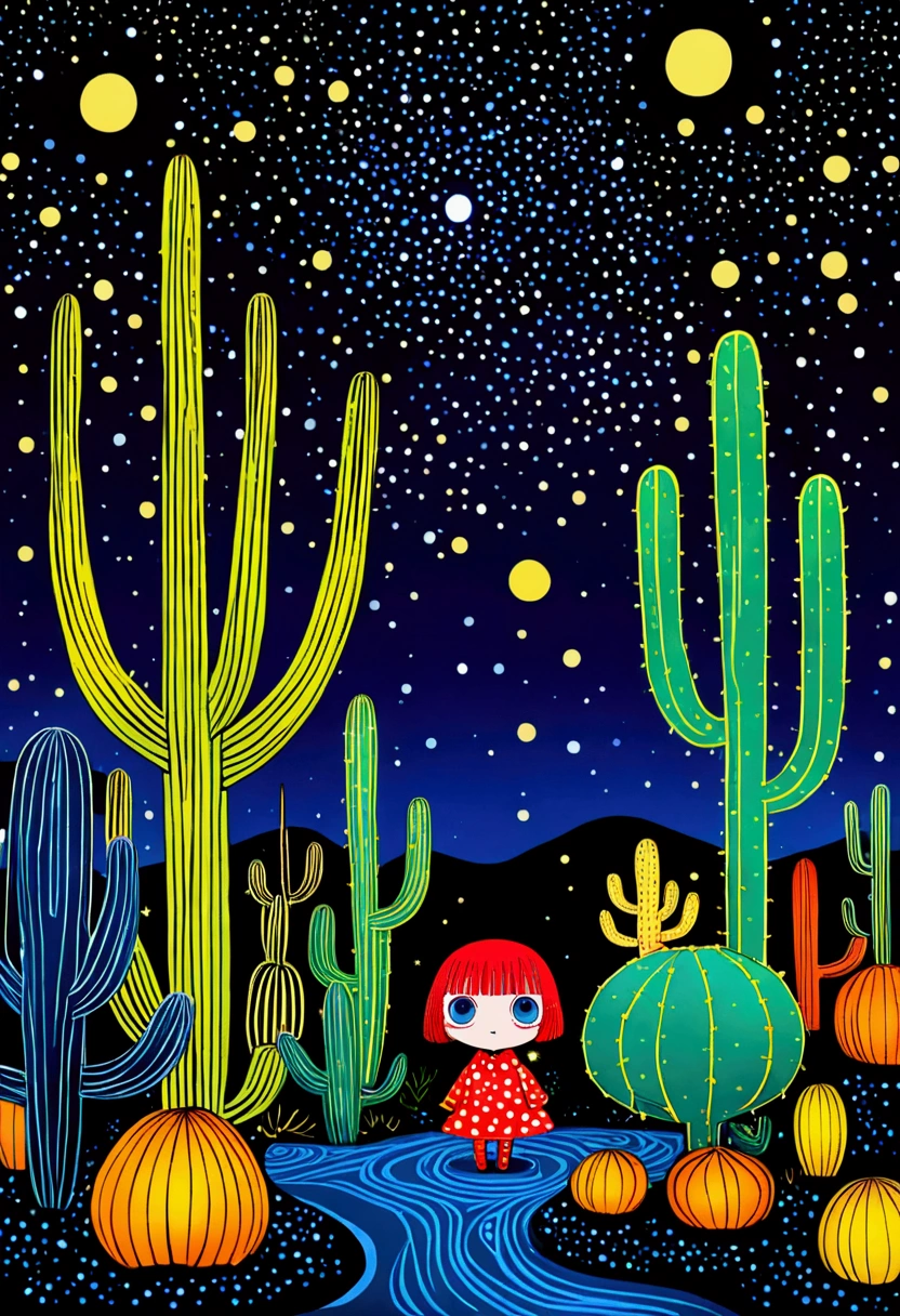 Blue starry sky、Neon，cactus，firefly、Eye、Dreamy colors，Illustration style（Artists can refer to Yayoi Kusama）