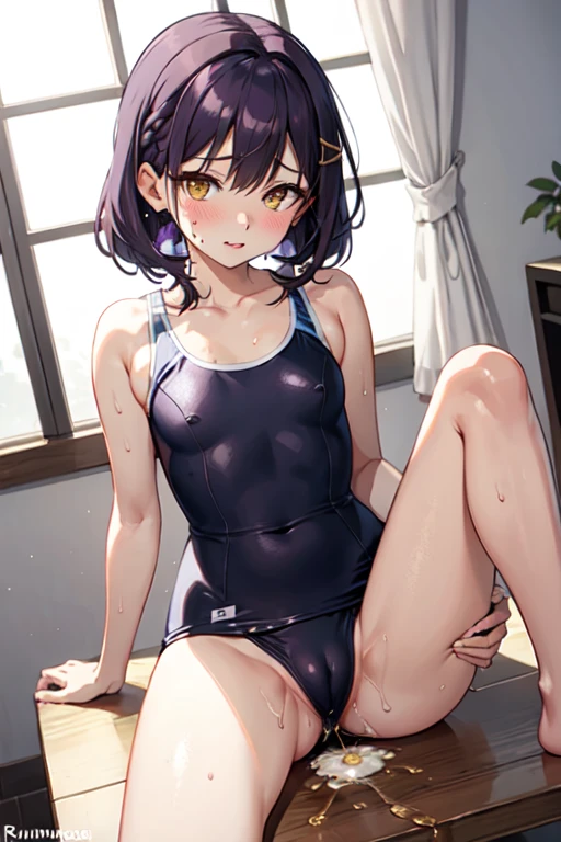 (((Pee)))、excretion、Squirting、Purple Hair、short hair、Side twin tail、School Swimsuit、Yellow Eyes、放Urine、blush、Spread your legs、Urine、Runa Shimiya、VSPO、Small breasts、Runa Shinomiya、shame、Thighs、indoor、Masturbation、climax、Shaving、Sweaty、Black Ribbon、Braiding、Butt、Give an erotic look, blushする, ribbon hair accessories, Barrette, genital