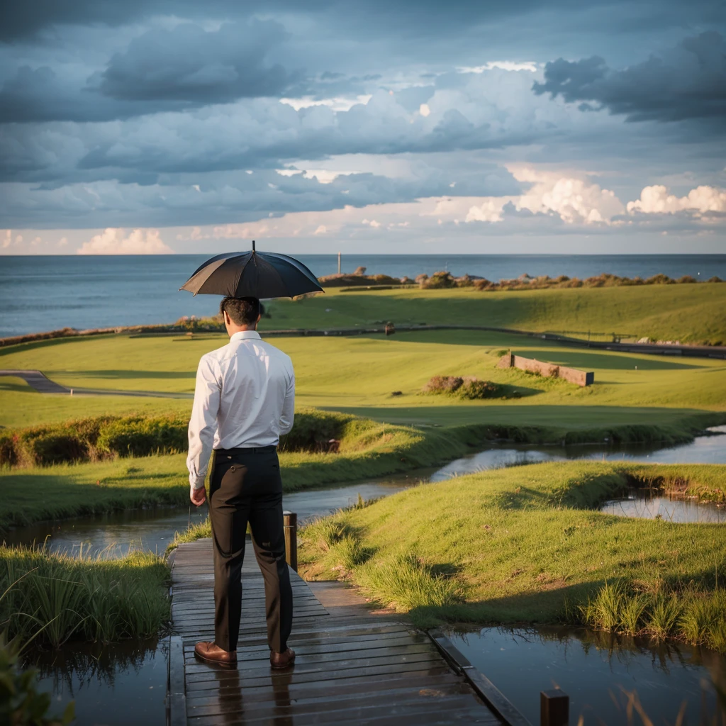 Dark clouds were gathering and heavy rain was falling. Two men stood on the dock holding an umbrella, gazing at the sea