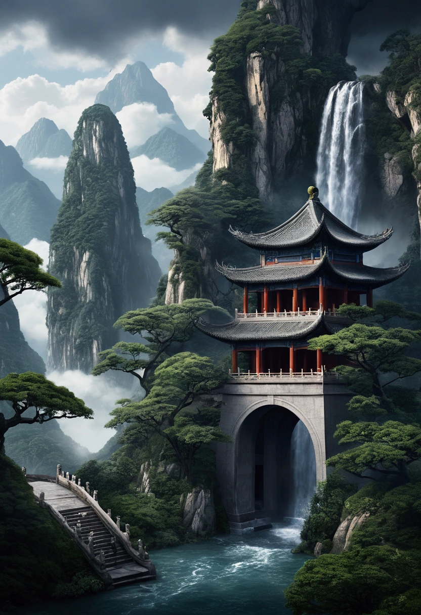 Chinese style,chinese landscape with a waterfall, trees and bushes, temple in the mountains, arched doorways, Towering mountains, Cloud surround, ethereal and otherworldly atmosphere, dragoncore, CG, Cloudy day, dark indigo and gray
