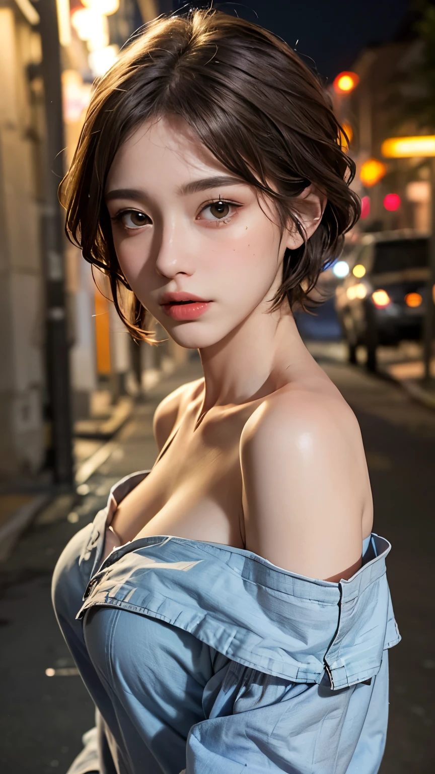 Highest quality, masterpiece, Ultra-high resolution, (Realistic:1.4), RAW Photos, One Girl, Off the shoulder, In the Dark, Deep Shadow, moderate, Night Alley, short hair, roadside,walk, 20-year-old,Cute Face, Small breasts, Tight shirt,(head shot:1.5)