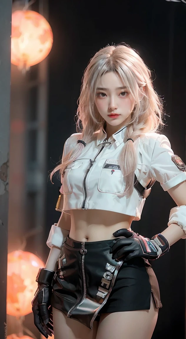 (Top Quality, Ultra High Definition, Photorealistic:1.4), (cowboy shot:1), 1 Beautiful Armed Girl, (Kpop Idol), Detailed Face, (Hair Style: long hair blonde:1, fullbang, shortbob-style:1), Contrapposto, Perfect Anatomy, ((wearing Futuristic Police Racing Suits, low-mini-skirt, police wappen, High-tech Headset, military harness, racing gloves, )), (Cloths colors based on silver pink black white), (background, crashed cars, fire, (Explosion)),