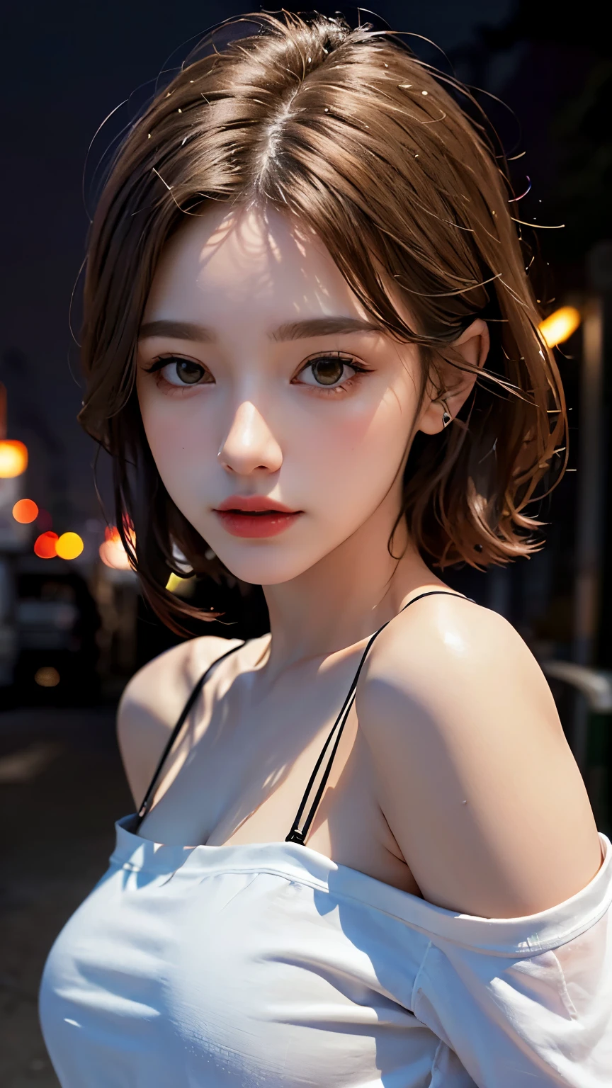Highest quality, masterpiece, Ultra-high resolution, (Realistic:1.4), RAW Photos, One Girl, Off the shoulder, In the Dark, Deep Shadow, moderate, Night Alley, short hair, roadside,walk, 20-year-old,Cute Face, Small breasts, Tight shirt,(head shot:1.5)