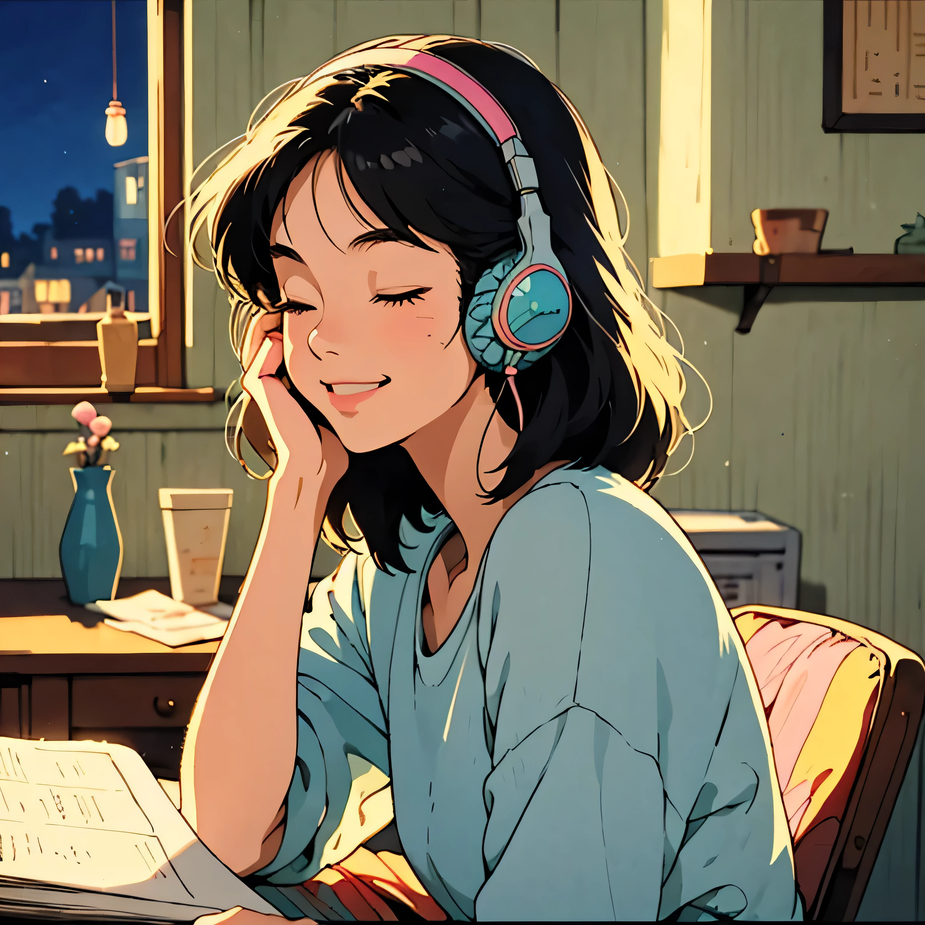 Studio Ghibli style illustration, cute young woman, 80's style, headphones, eyes closed, very happy expression, serene smile, soft warm lighting, night cityscape visible through window, hand-drawn animation style, pastel color palette, cozy indoor setting, nostalgic atmosphere