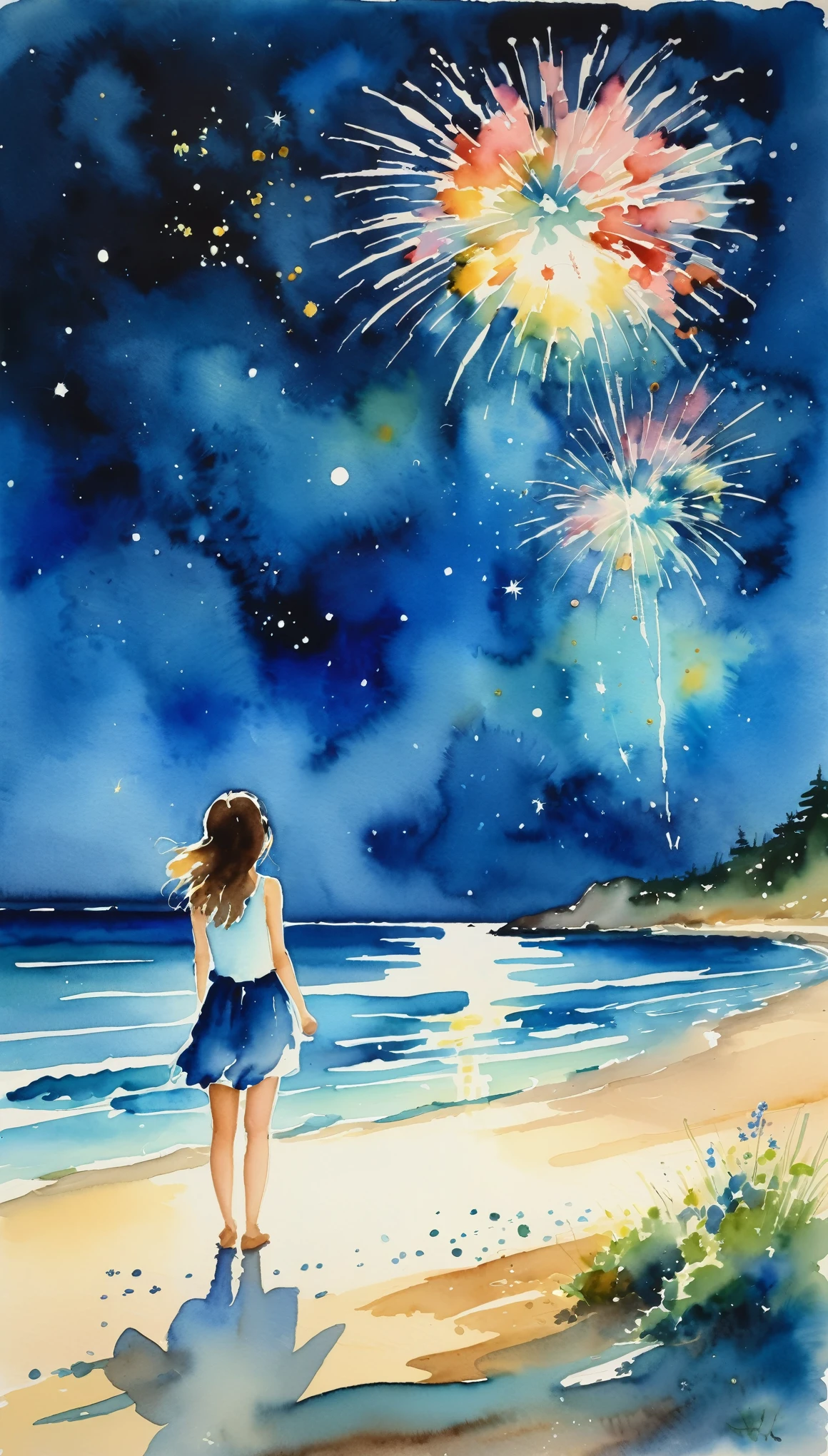 masterpiece,Magnificent landscape painting,美しい花火のWatercolor,Summer in Japan,Night Sky,Sandy Beach,A girl is happy watching fireworks,(Watercolor splashes、ooze、Blur、blotting、Effective use of the fading technique),(beauty),(Ephemerality),(Watercolor),(dynamic)
