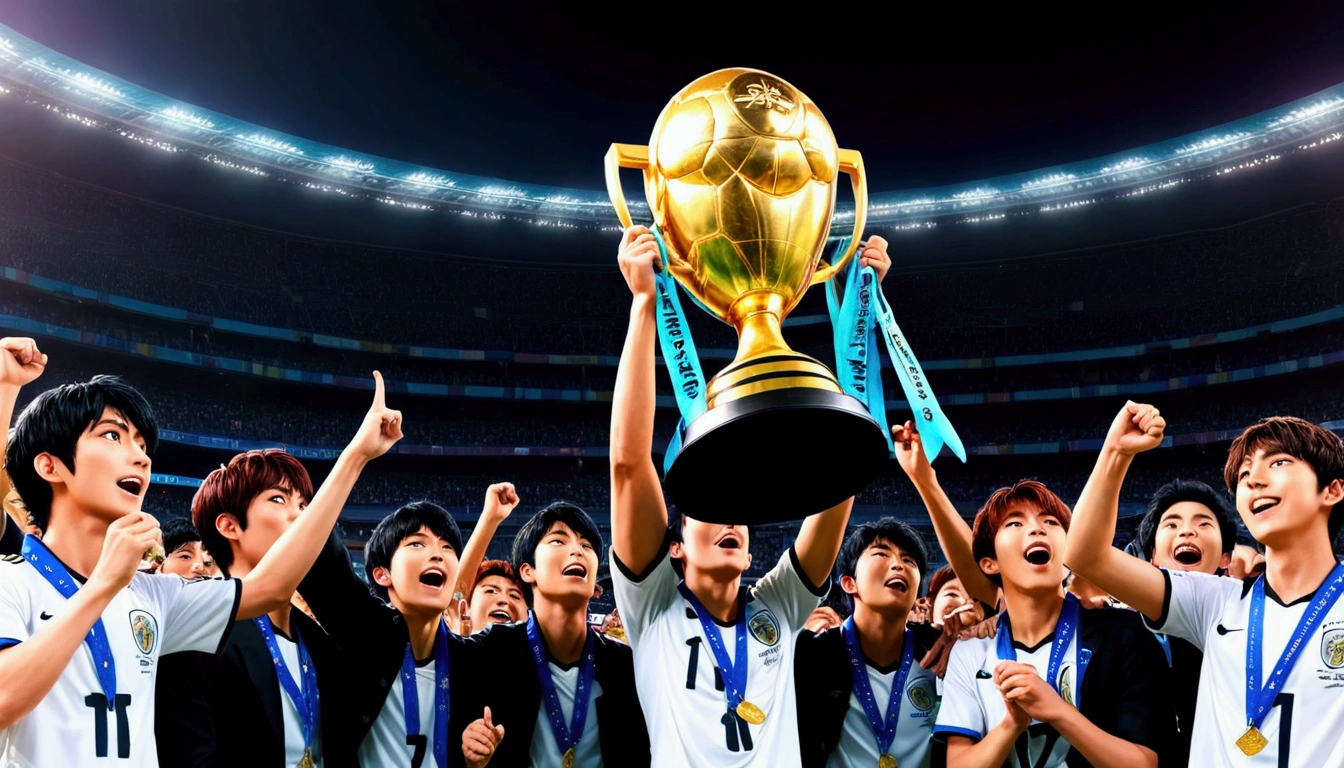 masterpiece, best quality, source anime, official art, 8k, ultra-detailed,very aesthetic, absurdres, perfect anatomy, perfect face,  cinematic lighting, very wide shot,multiple boys,23boys,very happy,Award Ceremony,soccer,ground,stadium,(raise up trophee),hand