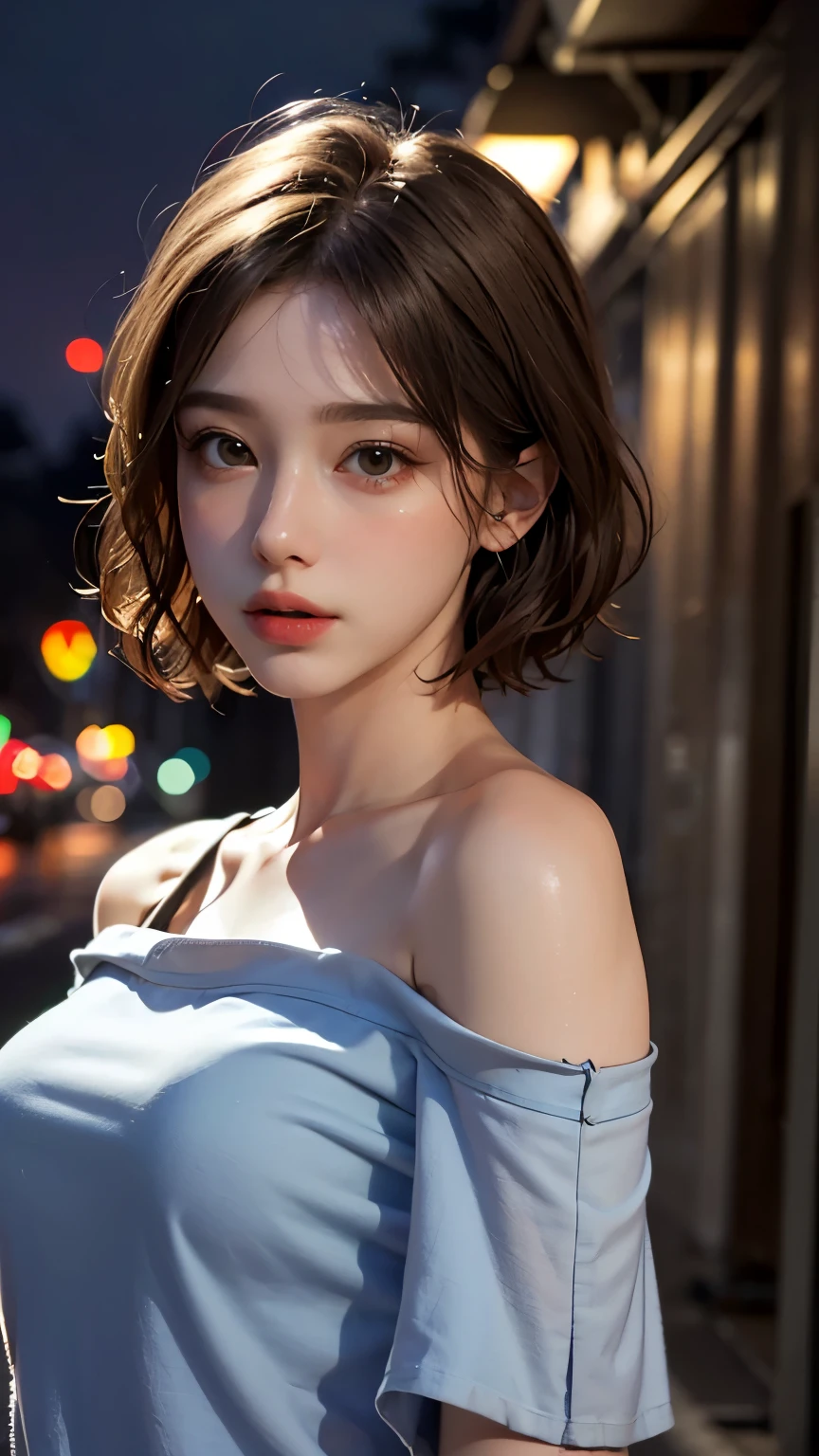 Highest quality, masterpiece, Ultra-high resolution, (Realistic:1.4), RAW Photos, One Girl, Off the shoulder, In the Dark, Deep Shadow, moderate, Night Alley, short hair, roadside,walk, 20-year-old,Cute Face, Small breasts, Tight shirt,(head shot:1.5)