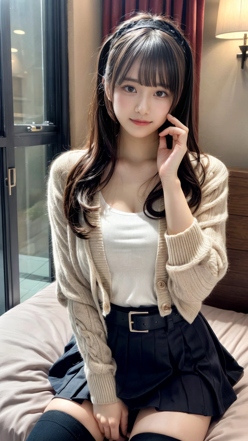 masterpiece, best quality, illustration, Super detailed, fine details, High resolution, 8K,wall paper, perfect dynamic composition,(Details High quality, realistic depiction of eyes:1.3), (purple open front cardigan, white knit camisole, dark brown skater skirt, belt), black thigh-highs, skin dendation, (beautiful scenery), night, (hotel bedroom, window), sitting, middle hair, ponytail, sideburns, black hair color, Big Natural Color Lip, Large swollen breast, perfect body shape, crying a little、little smile、 Harajuku style、20 year old girl、cute type、ta, hposing Gravure Idol, full body photo、focus on crotch