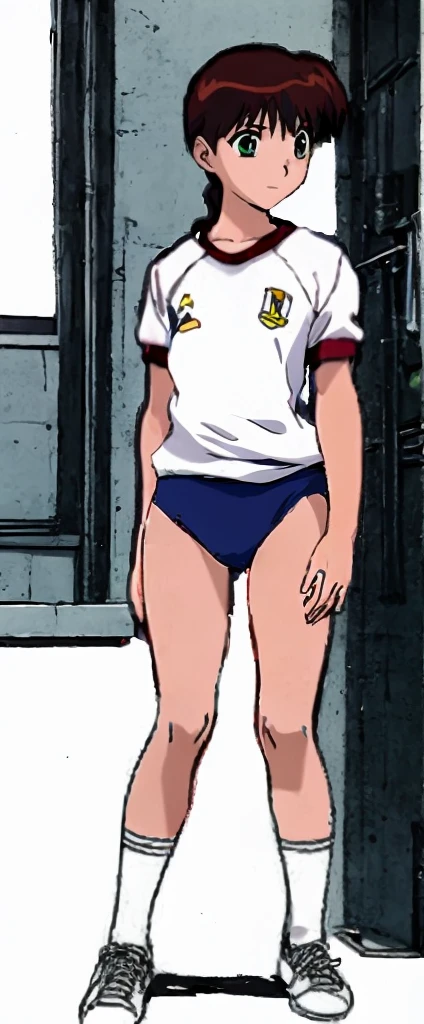 Miyanoshita Satsuki, with her beautiful legs, is standing in the school gym wearing a white gym uniform and light navy blue bloomers that look like panties.。
