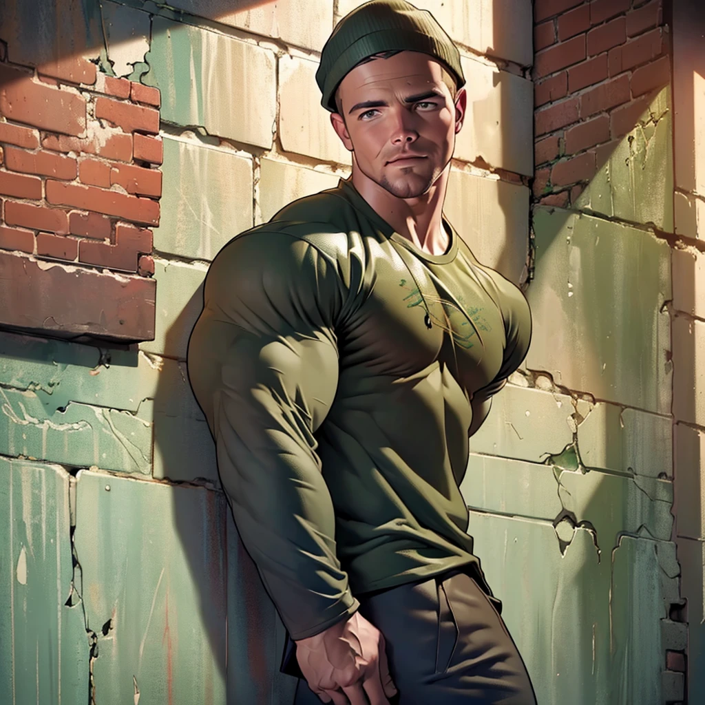 32k, high quality , detailed face , detailed hands , detailed muscles , (((stephen amell))) standing and posing as a military man ,standing with spread legs, showing his muscles and bulge , ((background brick wall ))